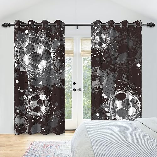 Miniatura 3 de Cortinas opacas de fútbol para dormitorio de niños, con temática deportiva, para sala de fútbol, cortinas de fútbol en blanco y negro, para