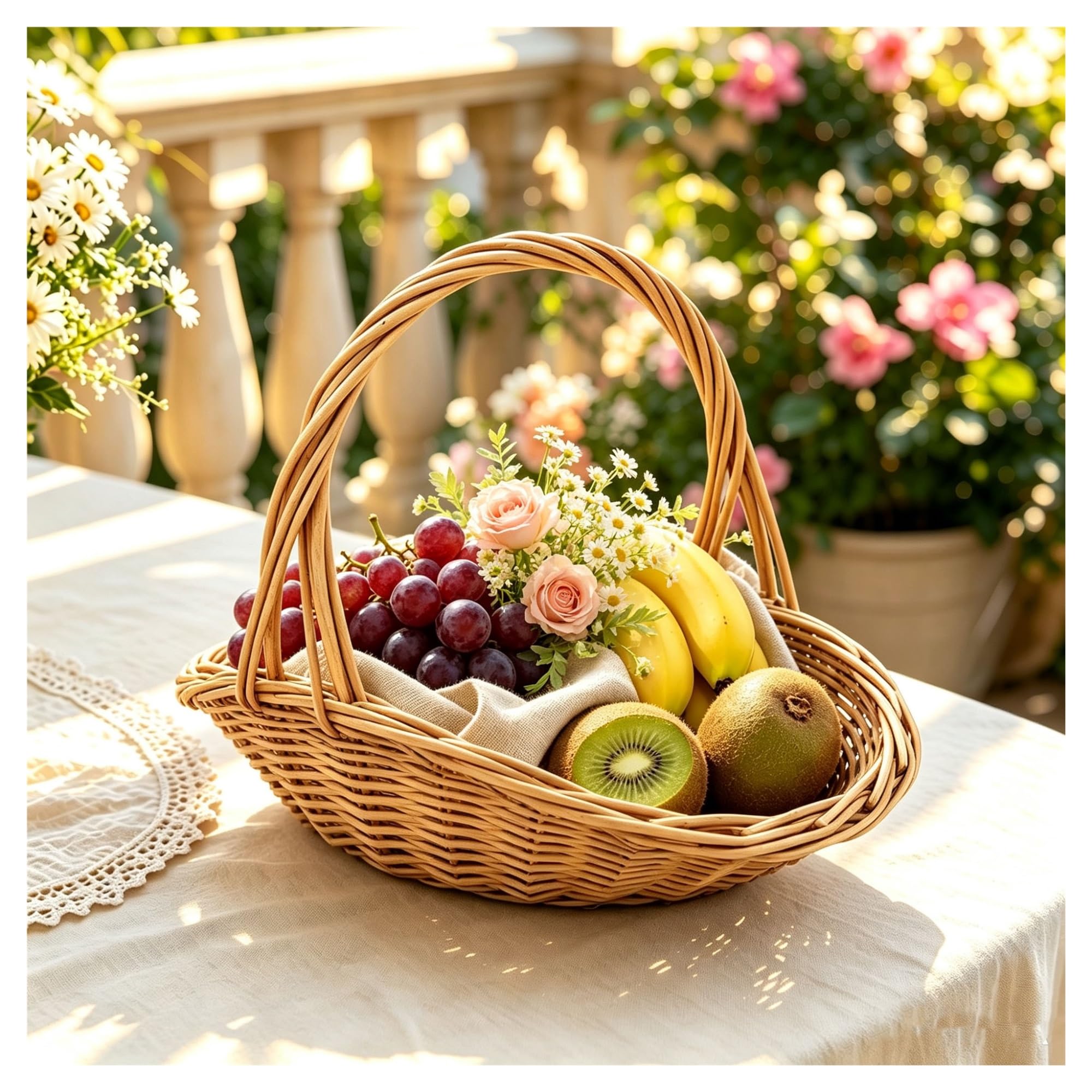 Handwoven Wicker Harvest Basket with Handle, Natural Rattan Storage Basket