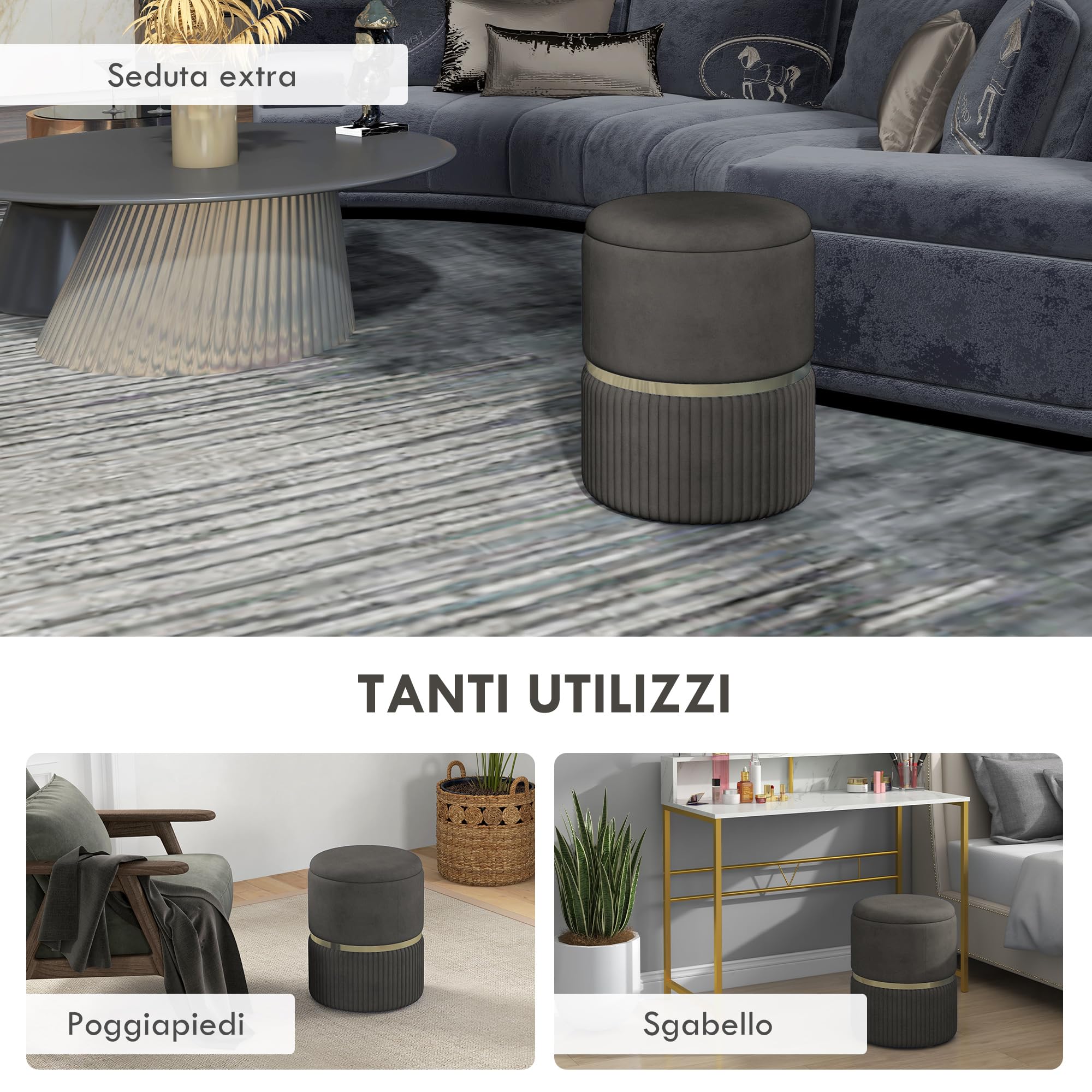 HOMCOM Pouf Contenitore per Soggiorno, Ingresso e Camera da Letto, Pouf Portaoggetti in Tessuto Effetto Vellutato 120 kg max, 36x36x44 cm, Grigio