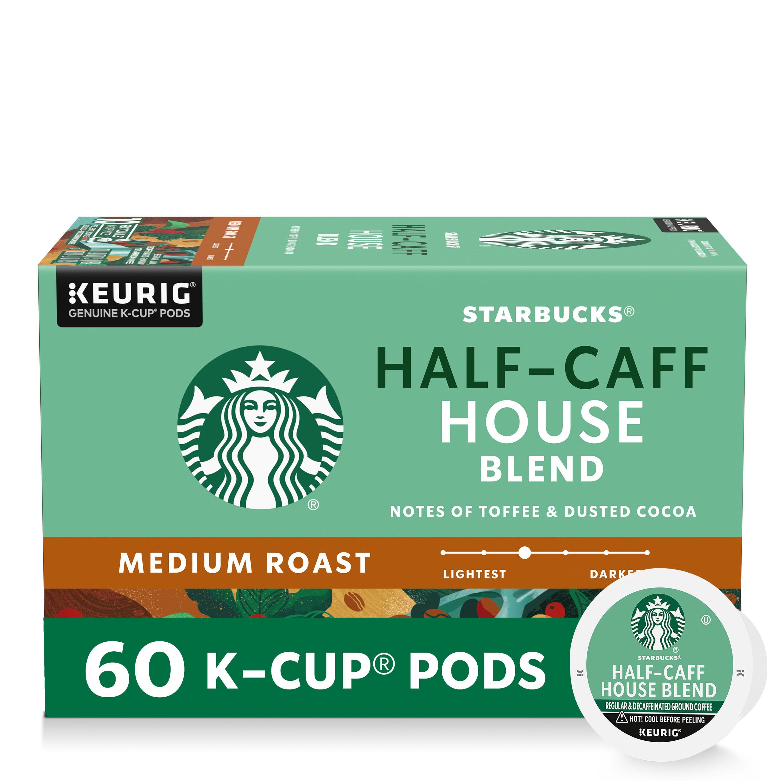 Starbucks K-Cup Coffee Pods, Medium Roast Coffee, Half-Caff House Blend For Keurig Brewers, 100% Arabica, 6 Boxes (60 Pods Total)