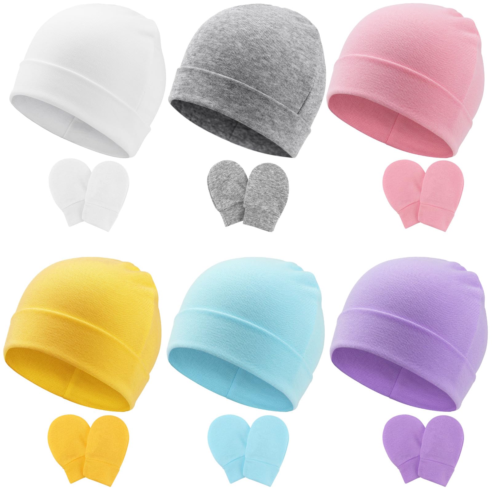 Dreshow Women's 6 Sets L04: Cotton Hats & Mittens Newborn Baby Hats Mittens Set Hospital Hat Beanie Infant Hats Baby Cotton Gloves No Scratch Mittens 0-6 Months