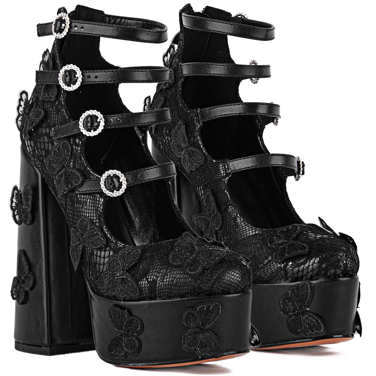 KISTANIA Women's Platform Chunky Heels with Lace Butterfly Square Toe Ankle Strap Mary-Jane Platform Pumps: 8 Black