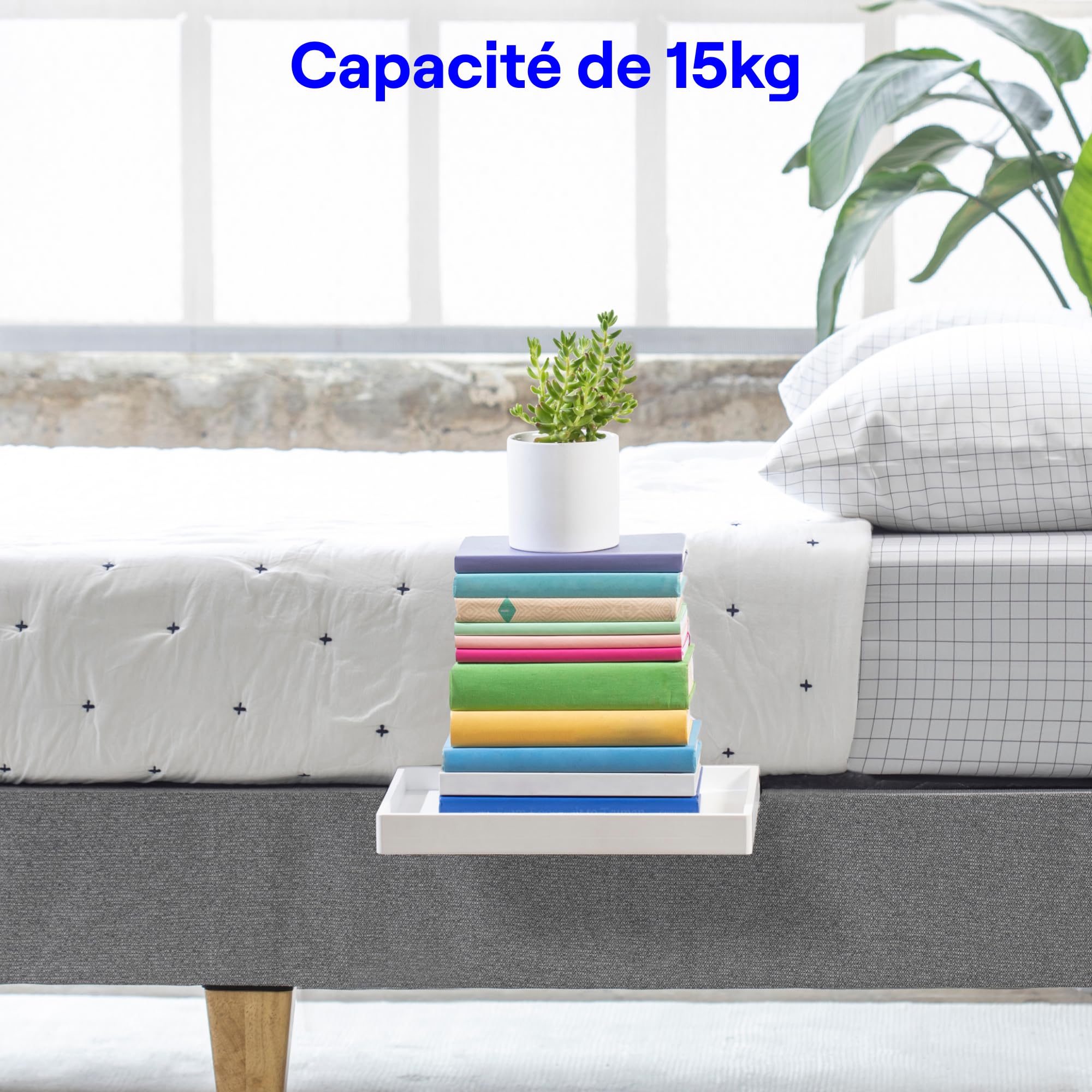 BedShelfie Table de Chevet Suspendue au Lit, Tablette Idéale pour Lits Superposés d'enfants et Chambre Étudiante, Étagère pour Lit Mezzanine, Table de Nuit Clip-on ou à Faire Glisser, Blanc