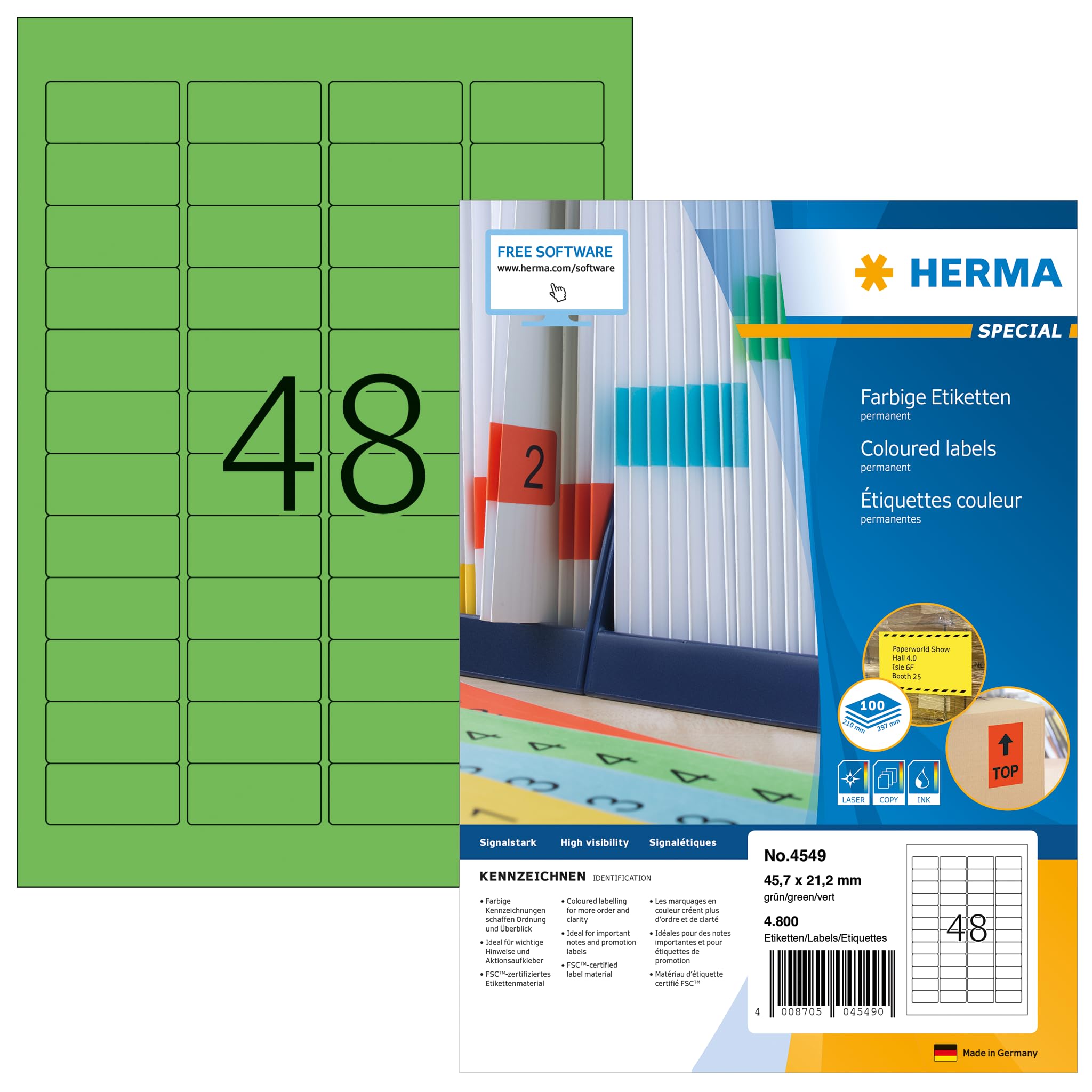 HERMA Self Adhesive Coloured Labels, 48 Labels per A4 Sheet, 100 Sheets, 45.7 x 21.2 mm, 4800 Labels, Blank Colour Labels Stickers, Sticky Labels for Laser & Inkjet Printer, Green