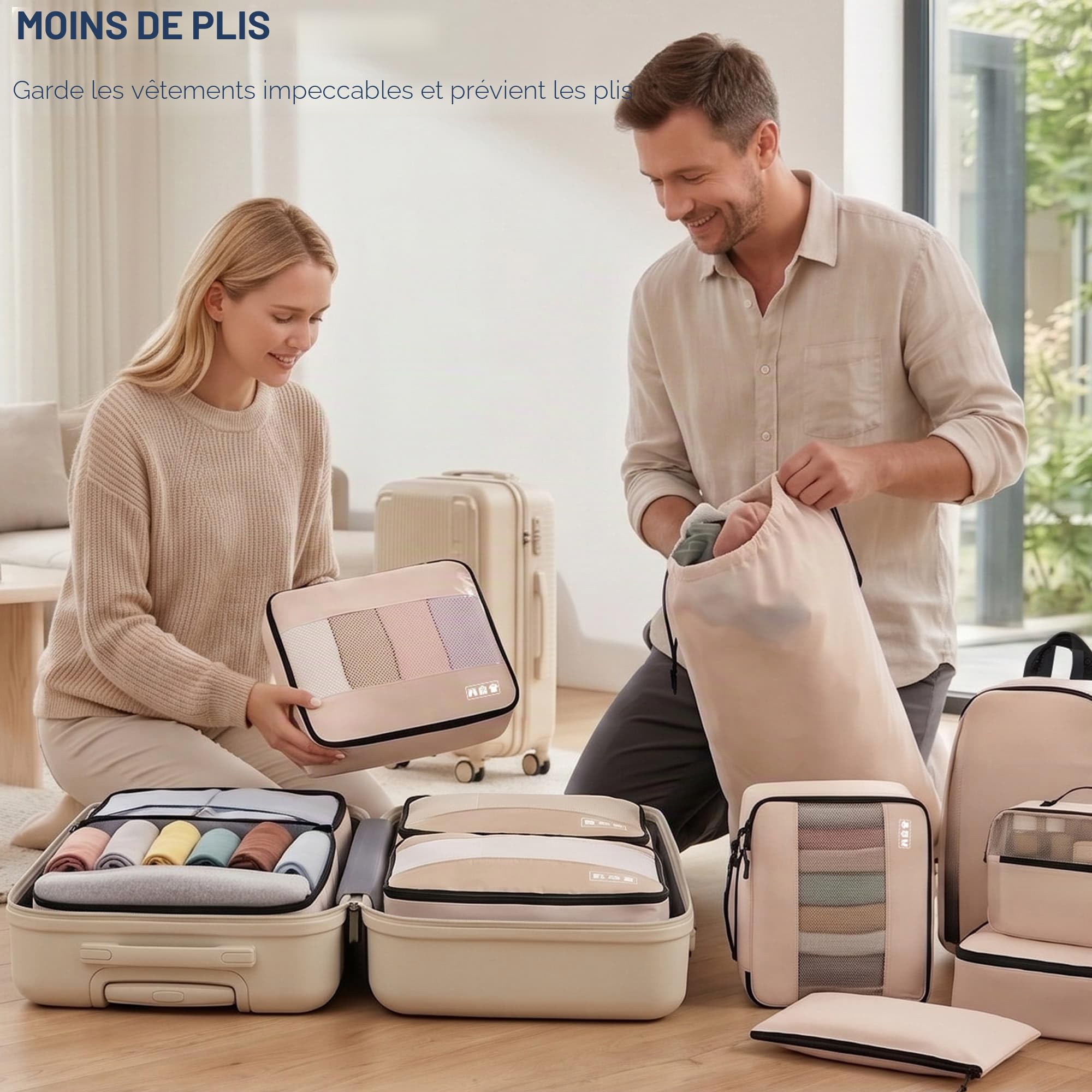 MURISE Organisateur de Valise 8 Pièces, Rangement Valise Organisateur pour les Voyages et les Vacances, Packing Cubes avec Sac à Chaussures et Sac à Cosmétiques, Voyage Accessoires, Beige