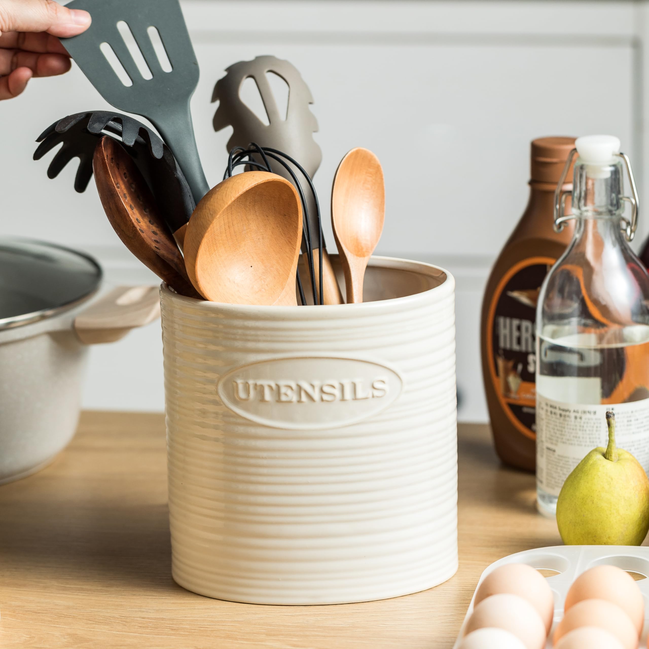 Portautensili Da Cucina In Ceramica Bianco - Contenitore Per Cucchiai E Accessori Da Bancone