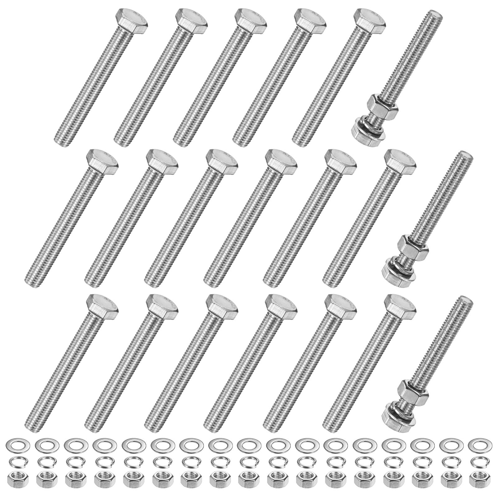 M METERXITY 20-Pack Hex Head Screw Bolt with Nuts Flat & Lock Washers M10x85mm Stainless Steel Bolts and Nuts Kit Fully Threaded Metric Bolt Assortment for Equipment/Machinery