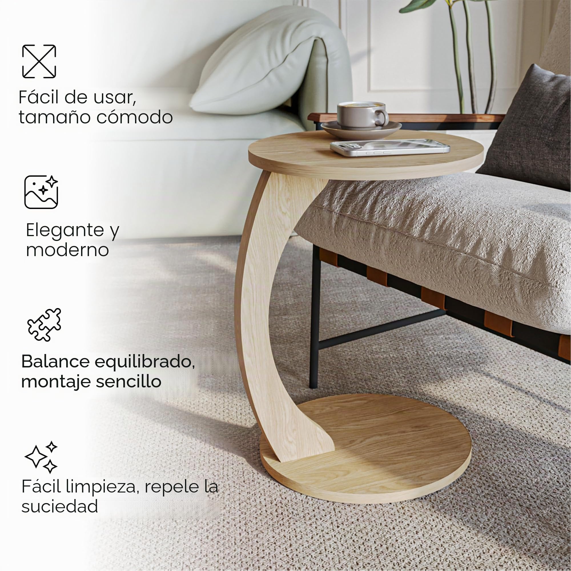 sugodesign Mesa Auxiliar con Ruedas, Pequeña Mesa de Café en Forma de C, Elegante Mesa Auxiliar en un Hermoso Efecto de Roble Natural, Mesa Redonda como Mesa de Sofá, Mesa de Sofá