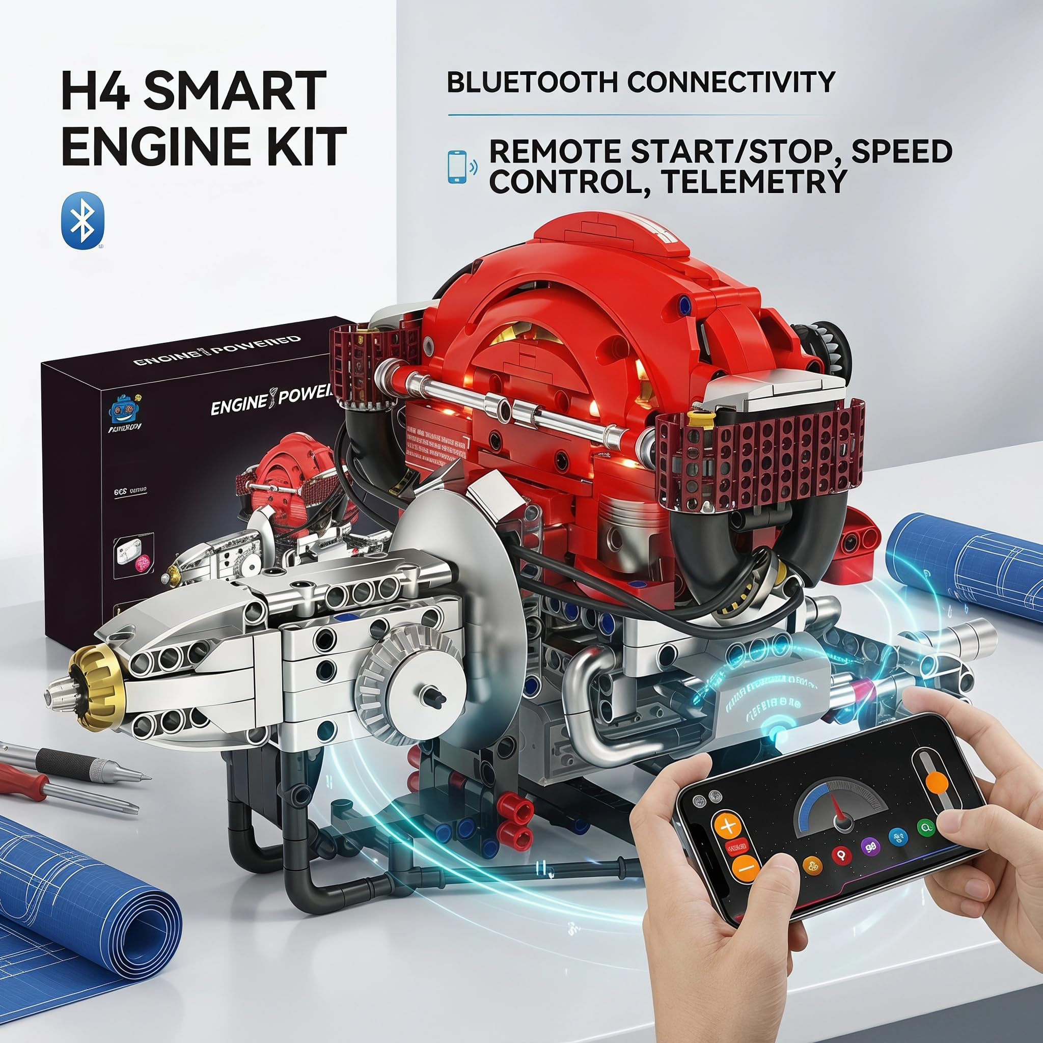 Maqueta Motor H4 868 Piezas – Kit Motor Miniatura Bluetooth & LED RGB | Motor H4 para Montar Adultos Stem Maquetas para Montar Idea Regalo Hombre