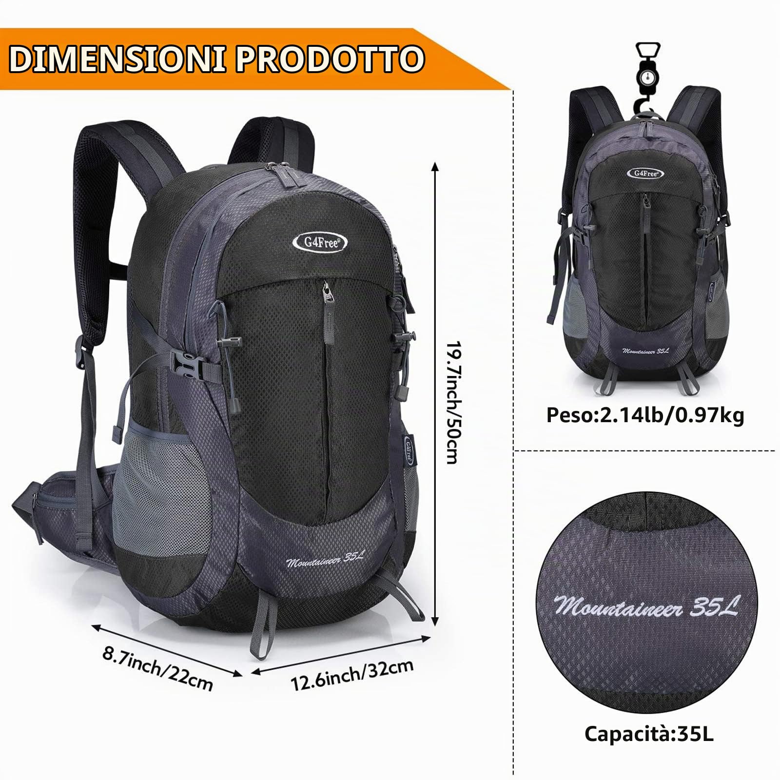 G4Free Zaino da trekking impermeabile da 35 litri, zaino da trekking per campeggio, escursionismo, arrampicata, con copertura antipioggia
