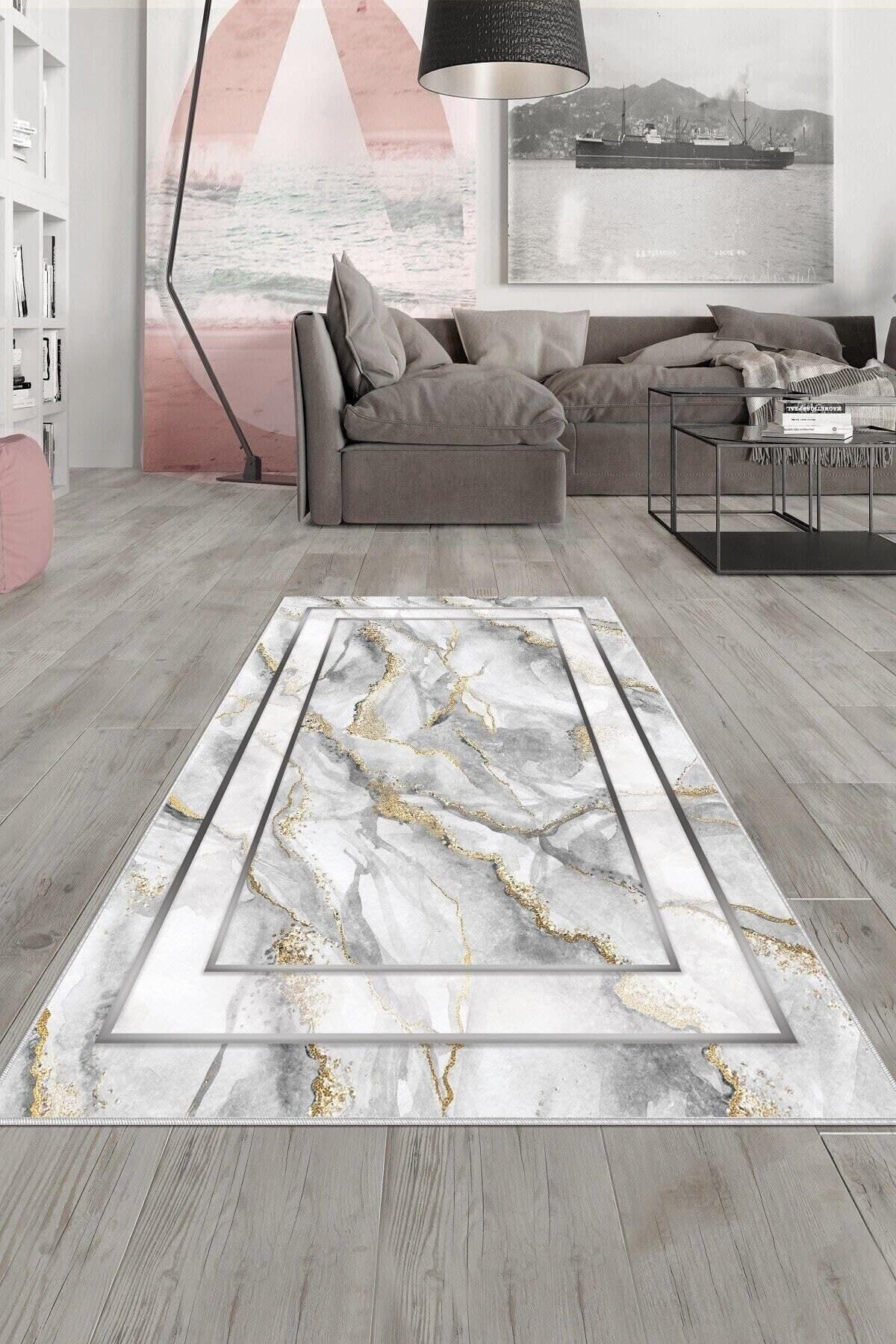 Pelangi Beyaz Mermer Desenli Çerçeveli Yıkanabilir Kaymaz Taban Leke Tutmaz Modern Salon Halısı Ve Yolluk, Beyaz-Gold 100 x 150, 1358102100150728