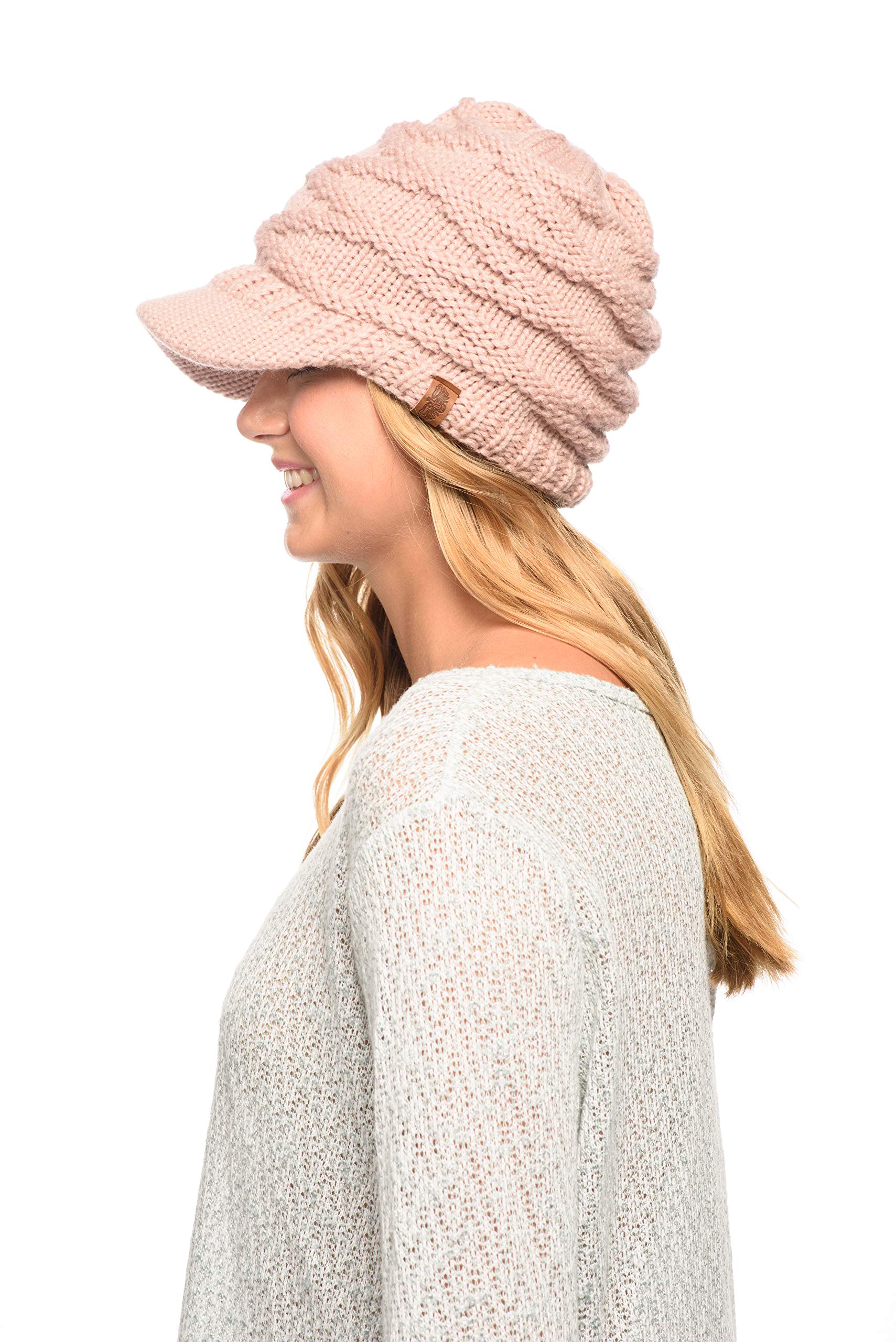 ANGELA & WILLIAM Warm Knit Messy High Bun Ponytail Visor Beanie Cap (Indi Pink)