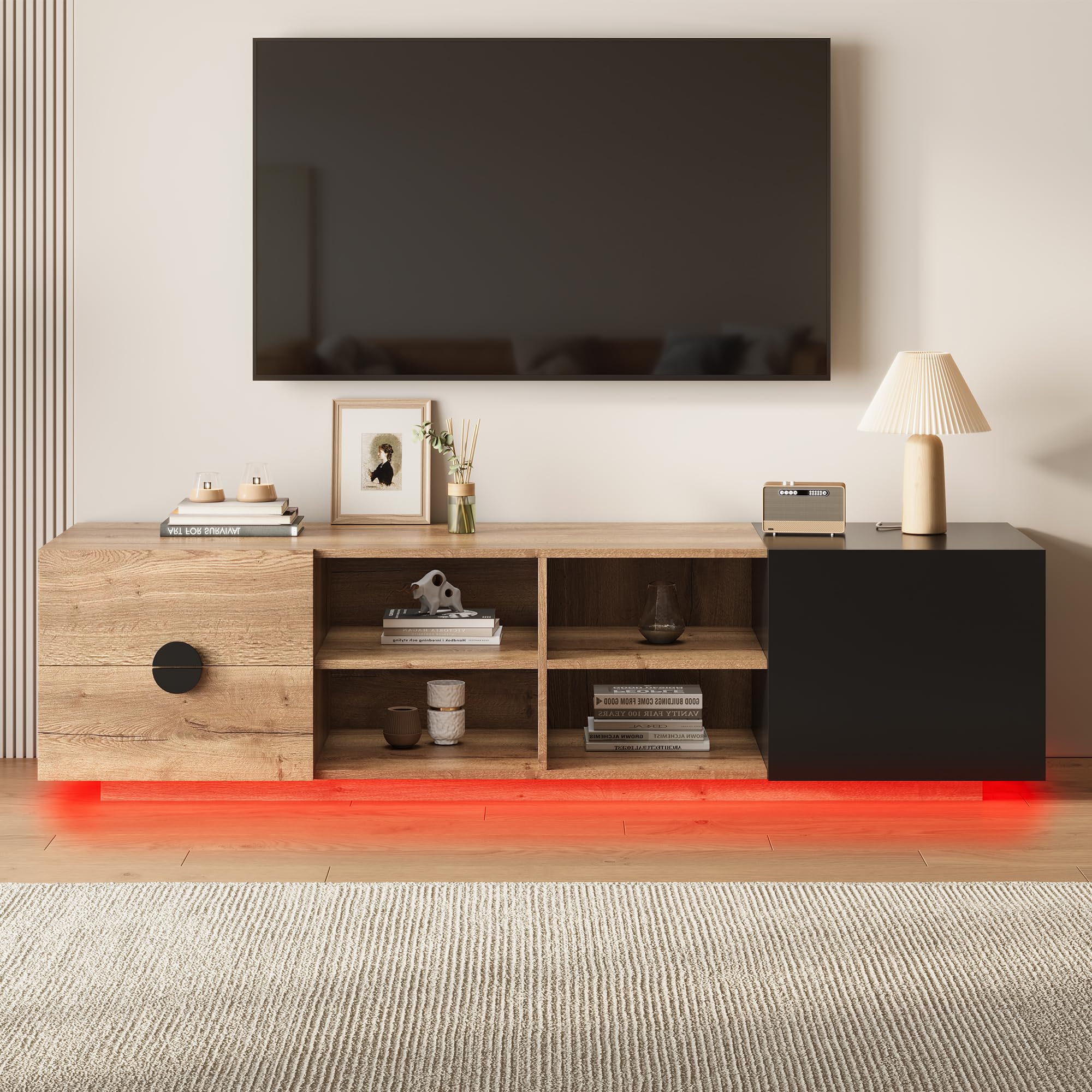 TV Schrank bis 80 Zoll, TV Lowboard mit LED, Fernsehtisch mit Offener Stauraum, TV Board, Fernsehschrank, Sideboard, für Schlaf- und Wohnzimmerschrank, Hochglanzdesign, 180cm, Schwarz
