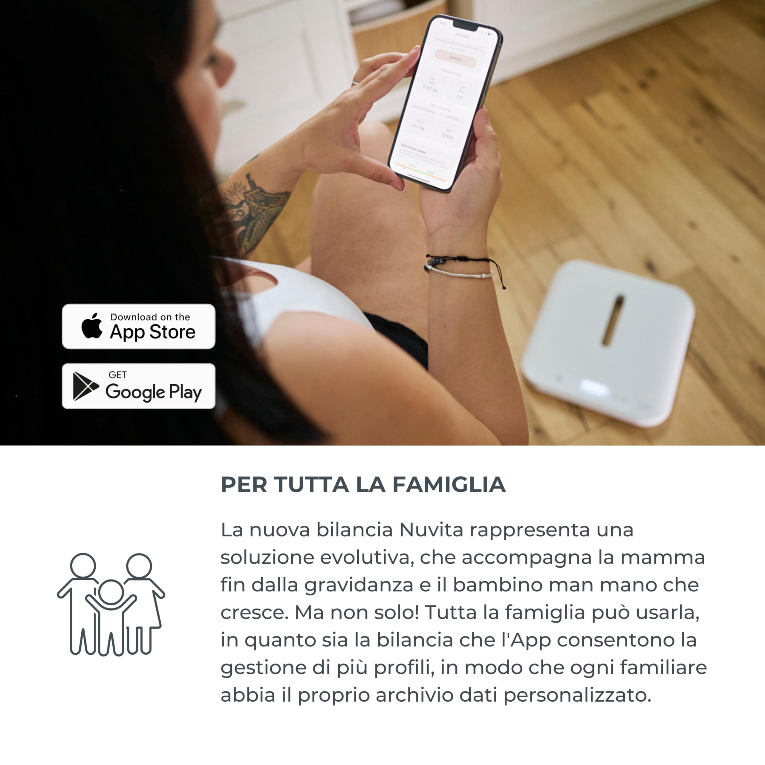 Nuvita 1330 PrimiPesi Bilancia Bluetooth Smart Mamma & Bambino - Controllo della Crescita e del Peso con AI per Madre e Figlio, Design Moderno e Portatile, compatibile con App Nuvita Baby