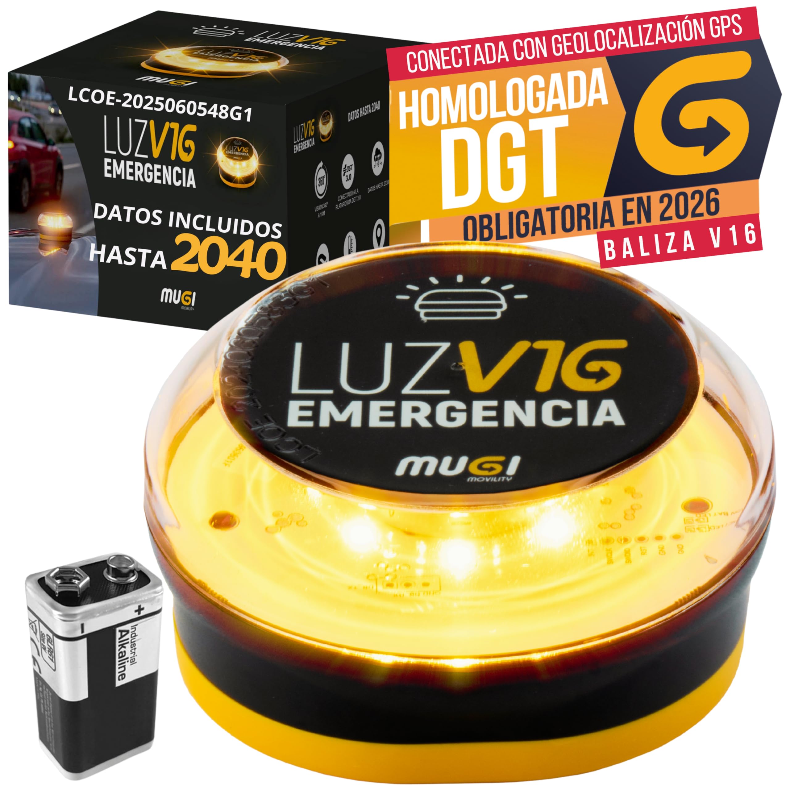 Baliza V16 Homologada DGT con Geolocalizador Luz Emergencia Coche Conectada DGT 3.0 Obligatoria Datos Hasta 2040 LED Alta Intensidad 360° Alcance 1 Km Base Imantada Pila 9V Incluida Certificación LCOE