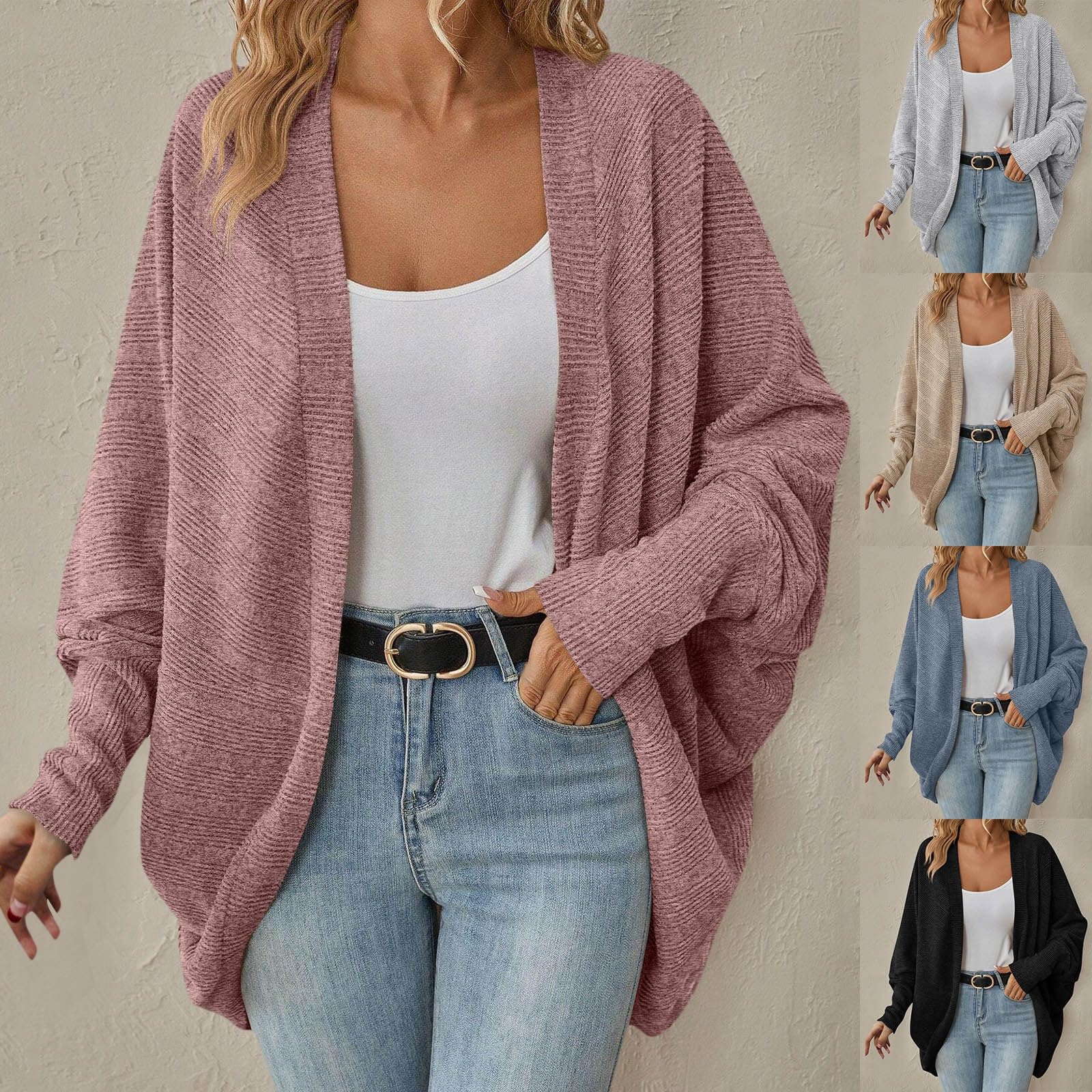 Generisch Cardigan léger pour femme - Cardigan mi-long avec poches - Décontracté - Pull en tricot ample pour l'automne - Col en V - Manteau en tricot chic - Couleur unie - Manches longues - Col en V