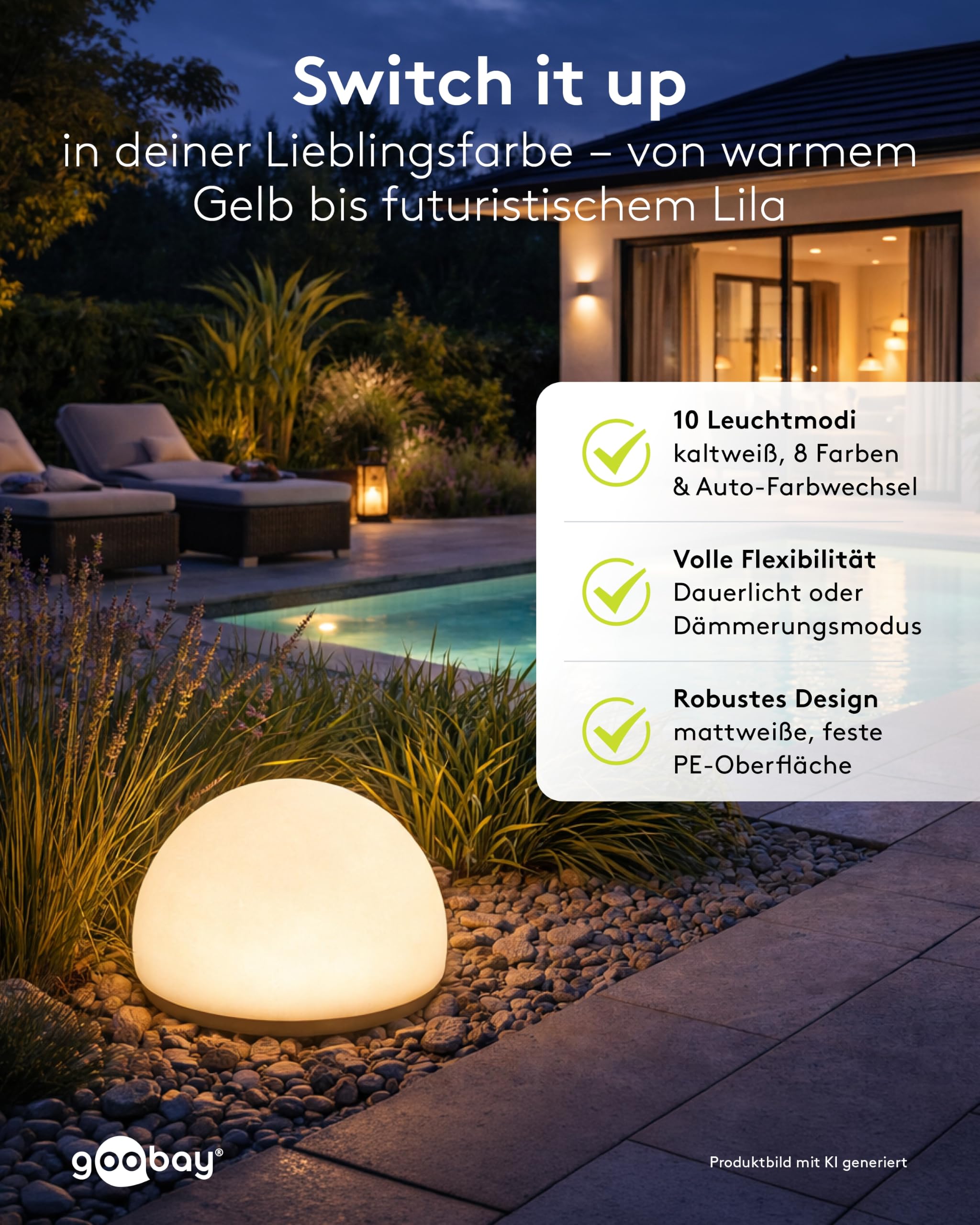 goobay Zestaw 2 x solarnych kulek LED 20 cm - RGB do użytku na zewnątrz, odporna na warunki atmosferyczne, dekoracyjna lampa solarna na taras, balkon, do ogrodu, 10 trybów oświetlenia i szpikulec