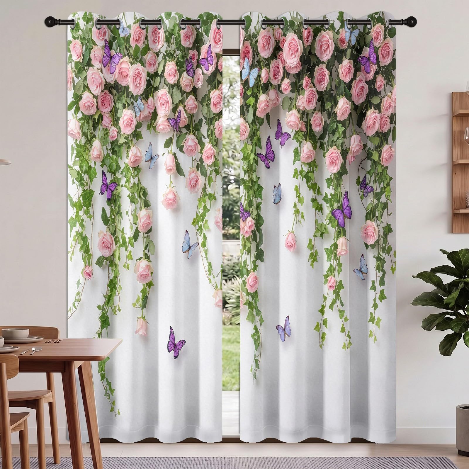 Rideaux Occultant Floral Animal, Rideaux Occultant Couronne De Fleurs Rustique Rideau Thermiques Isolant Anti Froid et Chaleur Rideau à Oeillets pour Chambre À Coucher, 2 PCS, 140L X 260H cm