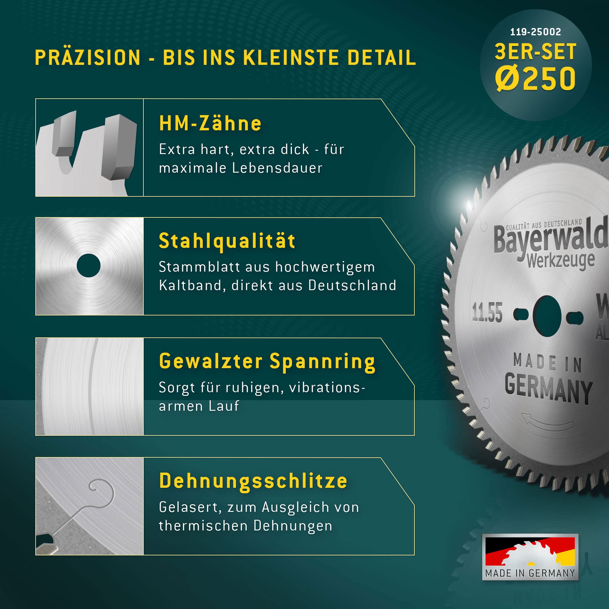 HOLZ ALLROUND Bayerwald Zestaw tarcz do pilarki stołowej Ø 250 (3-częściowy) – do cięcia wzdłużnego drewna/płyt stolarskich/cięcia poprzecznego drewna itp.
