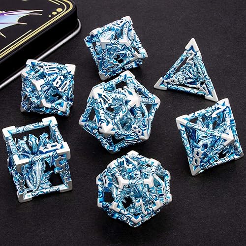 Miniatura 6 de ARUOHHA Juego de dados huecos DND de 5 cabezas azul plateado Dragons D y D con caja de regalo, juegos de rol, 7 piezas de dados poliédricos de metal