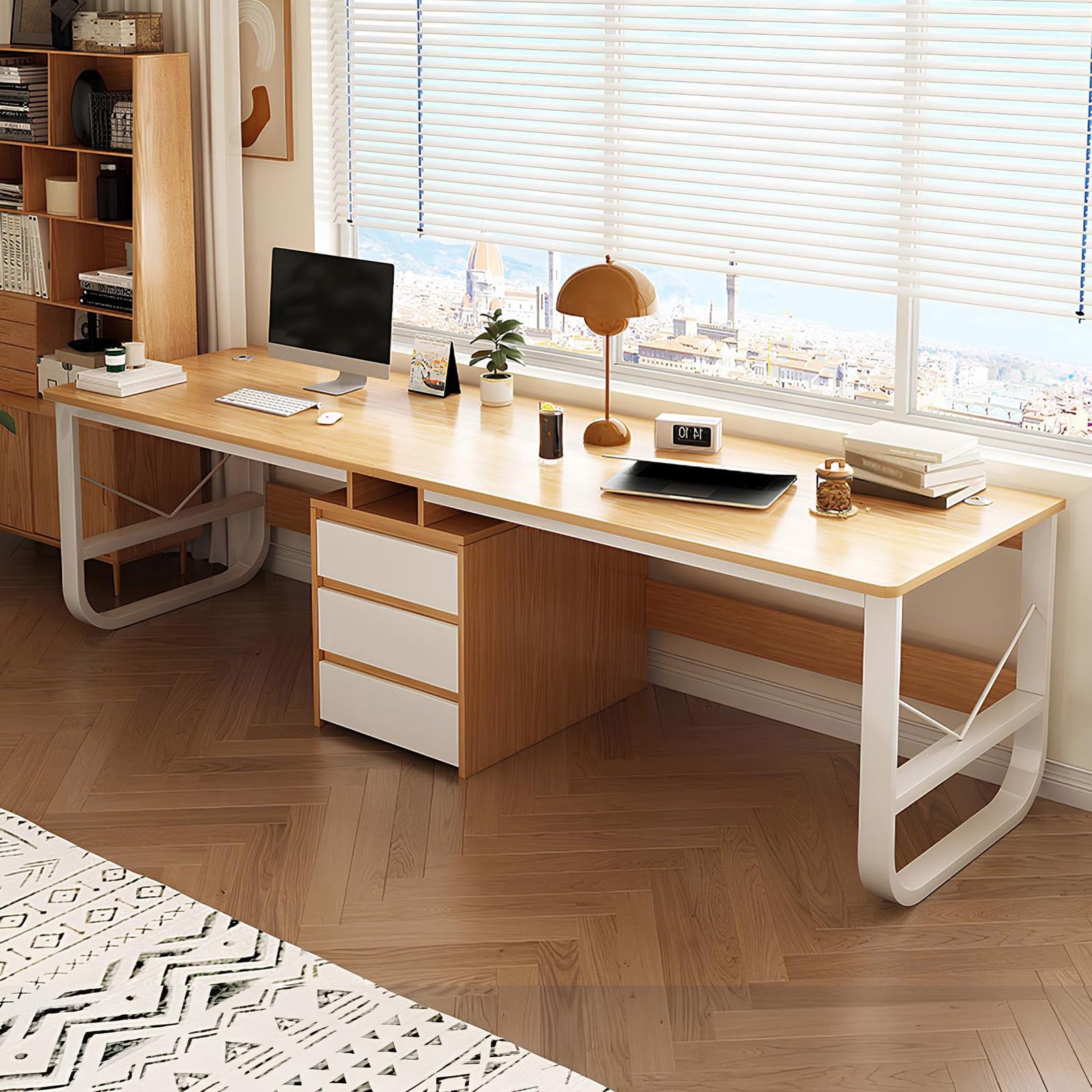 Escritorio grande para dos personas con cajones, escritorio doble para computadora de juegos, mesa de estudio de madera, escritorio largo para 2 personas, para oficina en casa (natural, 78,74 pulgadas