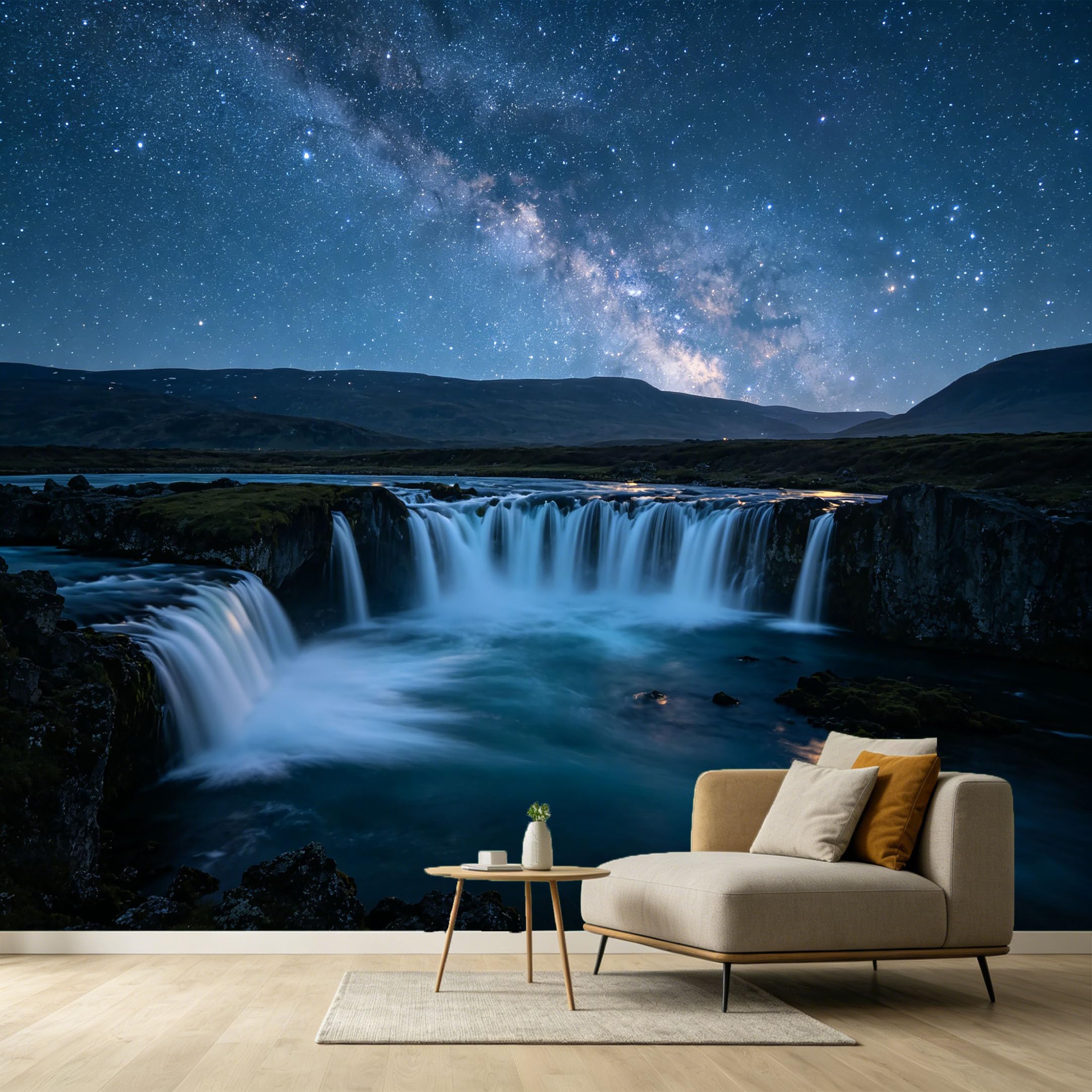 Custom Size Wall Murals Night Waterfall Landscape Milky Way Starry Sky Mountain Lake SelfAdhesive Wall Fabric Removable Large Wallpaper for Photo Living Room