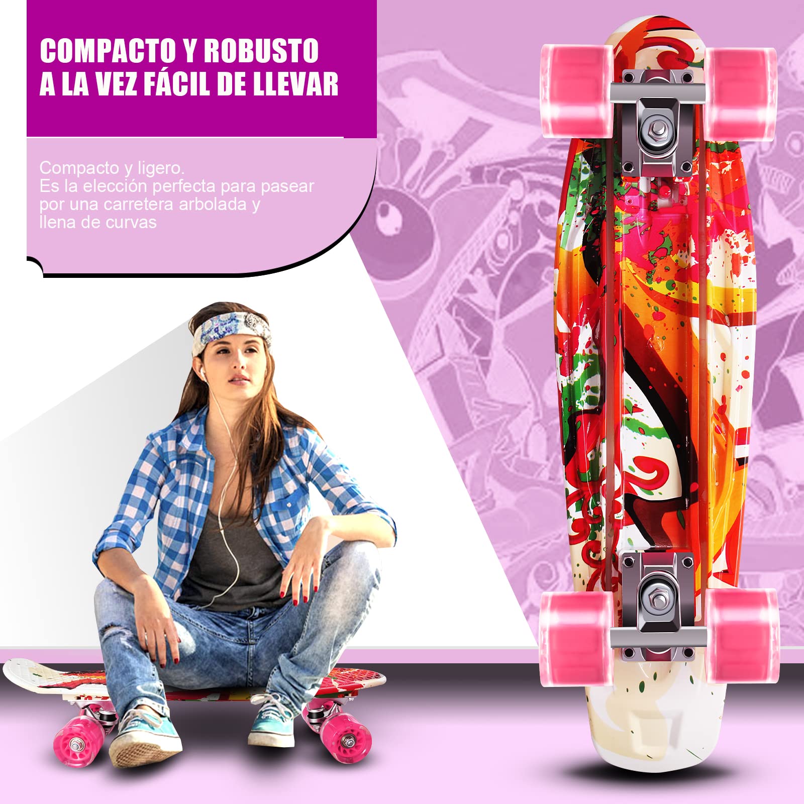 Monopatín Skateboard Completo Niños con 4 Ruedas LED para Niño y Niña Penny Board Mini Cruiser de 55CM con Herramienta T de Patinete Todo-en-uno