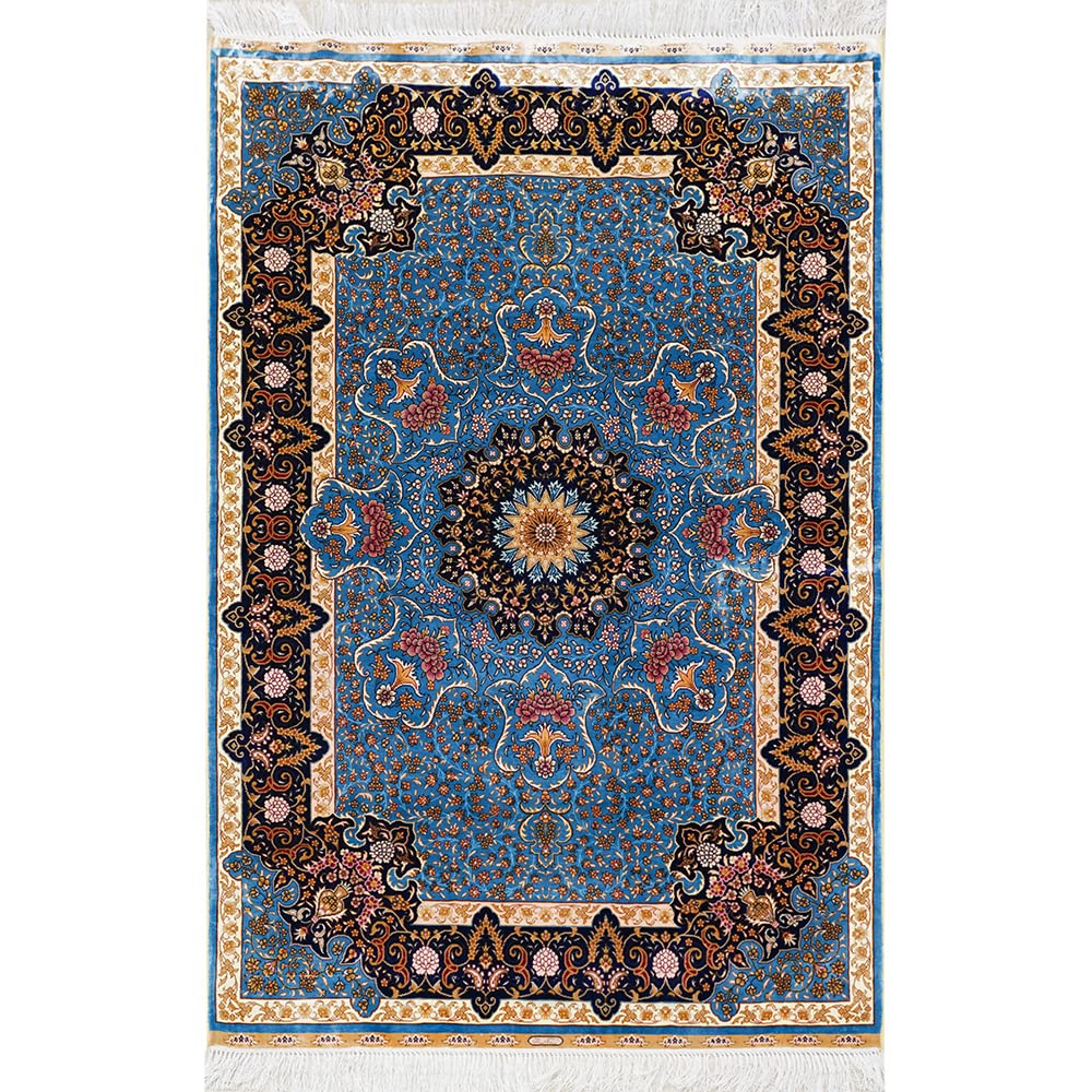 Silk Carpet 4x6 Blue Handmade Traditional Medallion Vintage Luxury Silk Area Rug for Living Room