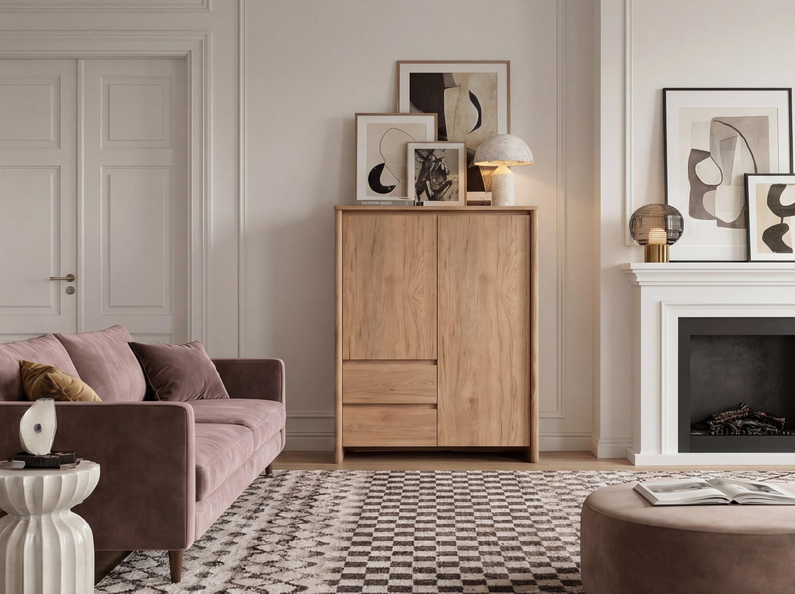 Newroom Highboard Wohnzimmer Wildeiche braun grifflos Hochschrank | Push-to-Open, 2 Türen 2 Schubladen, 7 Fächer mit Einlegeböden, Sideboard Kommode, Wohnzimmermöbel, Japandi Stauraum