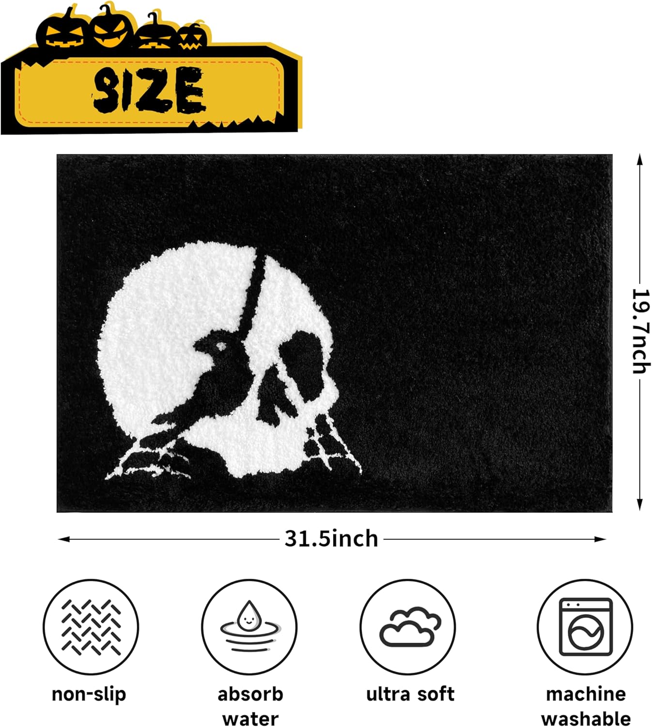 Halloween Bathroom Rugs Black White Bath Mats Skull Nightmare Before Christmas Home Decor Bath Rugs for Bathroom, Bedroom Washable Absorbent Carpet 20"x 32"