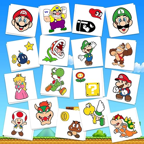 Mario - Suministros para fiestas de cumpleaños 34 piezas de tatuajes temporales recuerdos de fiesta que brillan en la oscuridad extraíbles seguros