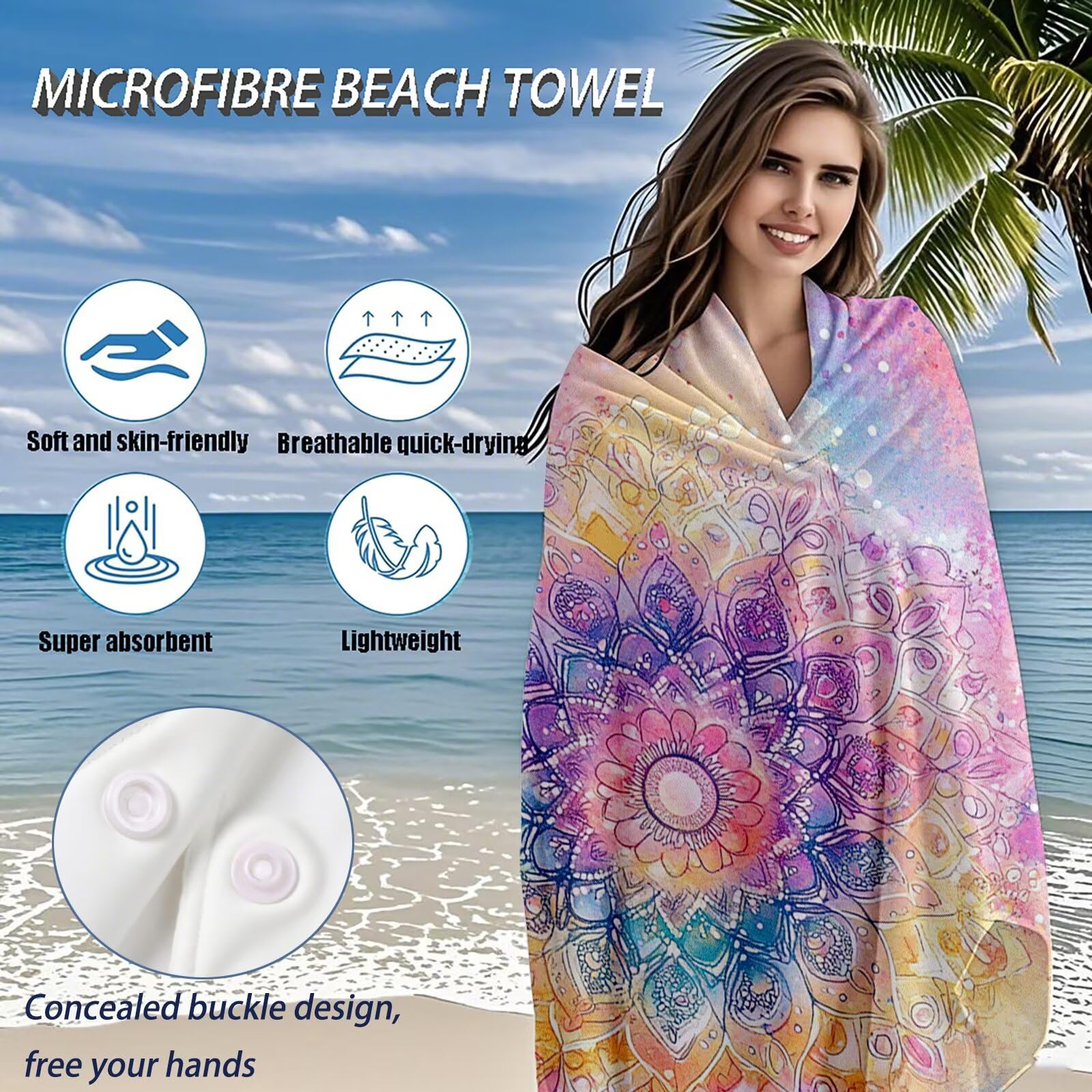 Serviette Plage Frais Motif, Serviette de Plage XXL 90x180 cm avec Sac, Serviettes de Bain Microfibre Séchage Rapide Anti-Sable Absorbante Fonction pour Bain, Sport, Voyages, Sauna, Piscine Q-970