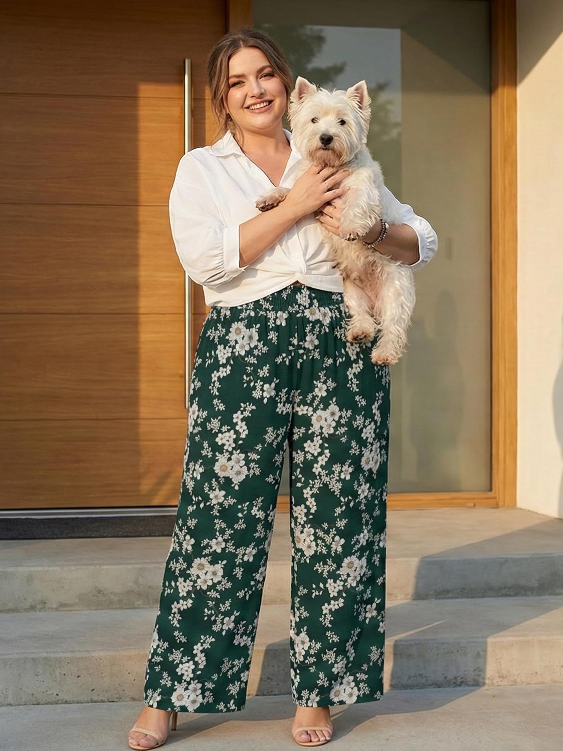 Lastshe Women's Plus Size Wide Leg Pants Elastic High Waist Hide Drawstring Loose Work Pants Palazzo Trousers with Pockets - Image 8