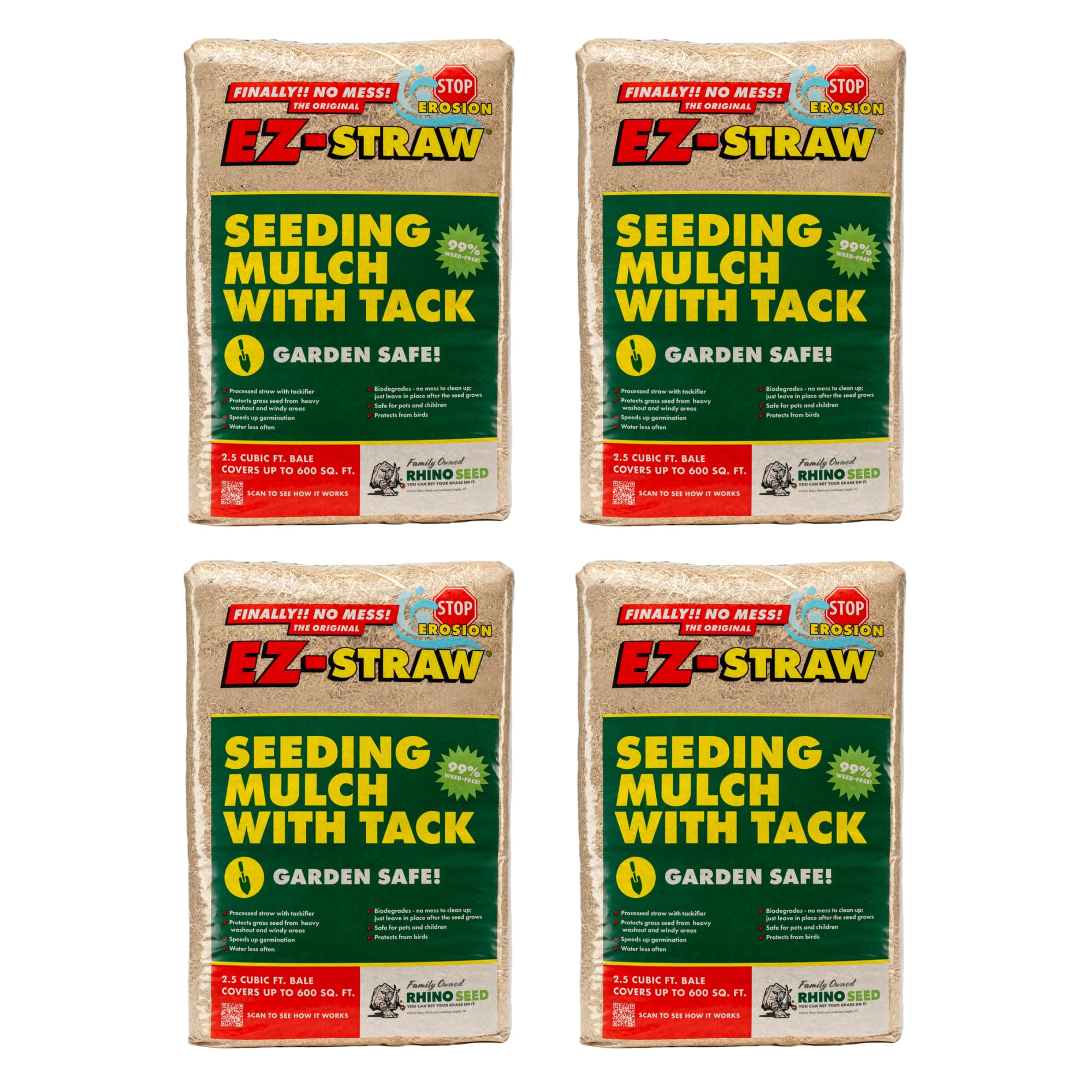 EZ Straw Seeding Mulch with Tack - Biodegradable Processed Straw, 2.5 cu. ft. Bale (Covers up to 600 sq. ft.), 4 Pack