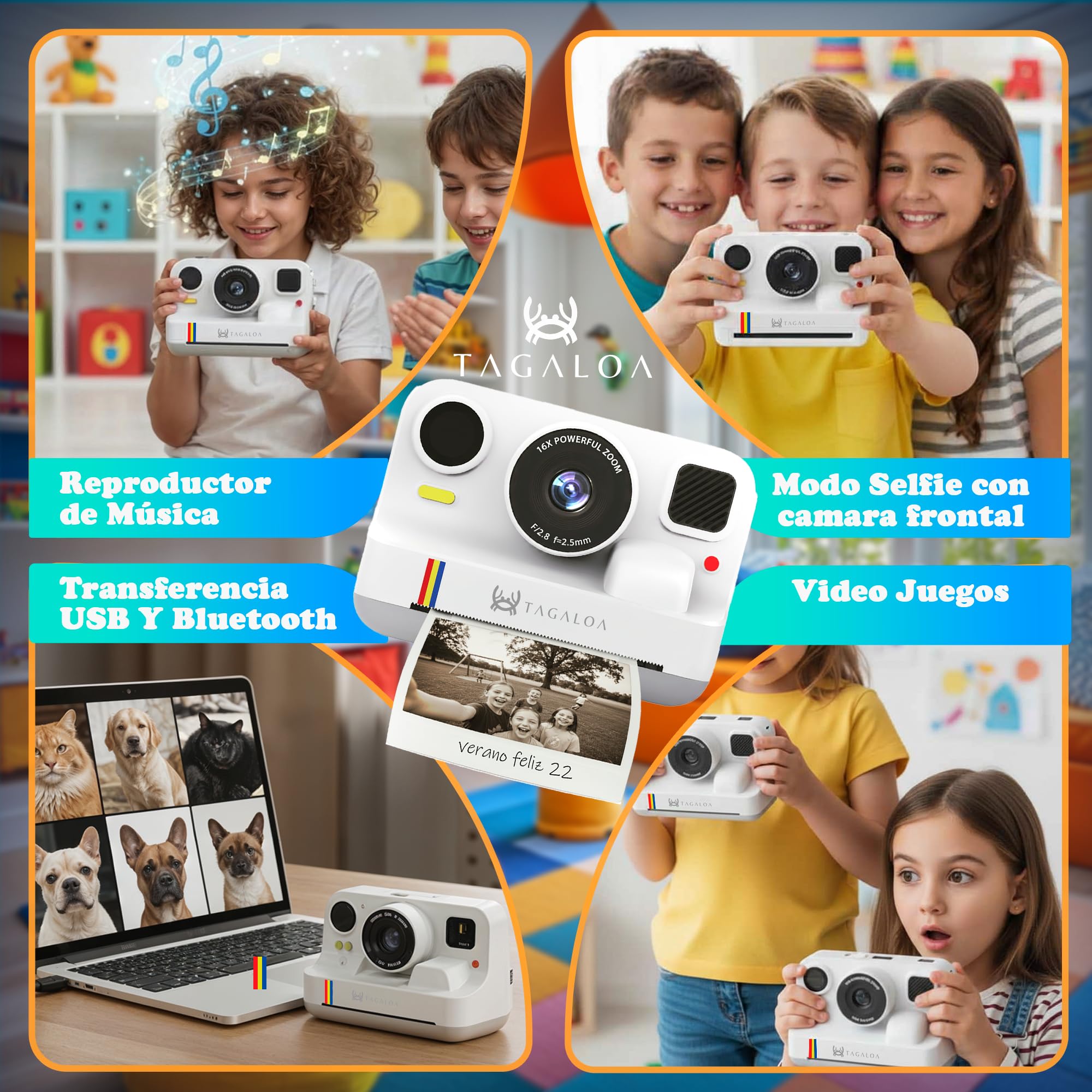 | TAGALOA® | Camara Fotos Infantil Instantaneas | 48MP con Impresión Térmica, Pantalla 2,4", Vídeo 1080P, Tarjeta SD 32GB y 3 Rollos Papel – Cámara Digital para Niños y Niñas de 3 a 12 Años (Blanco)
