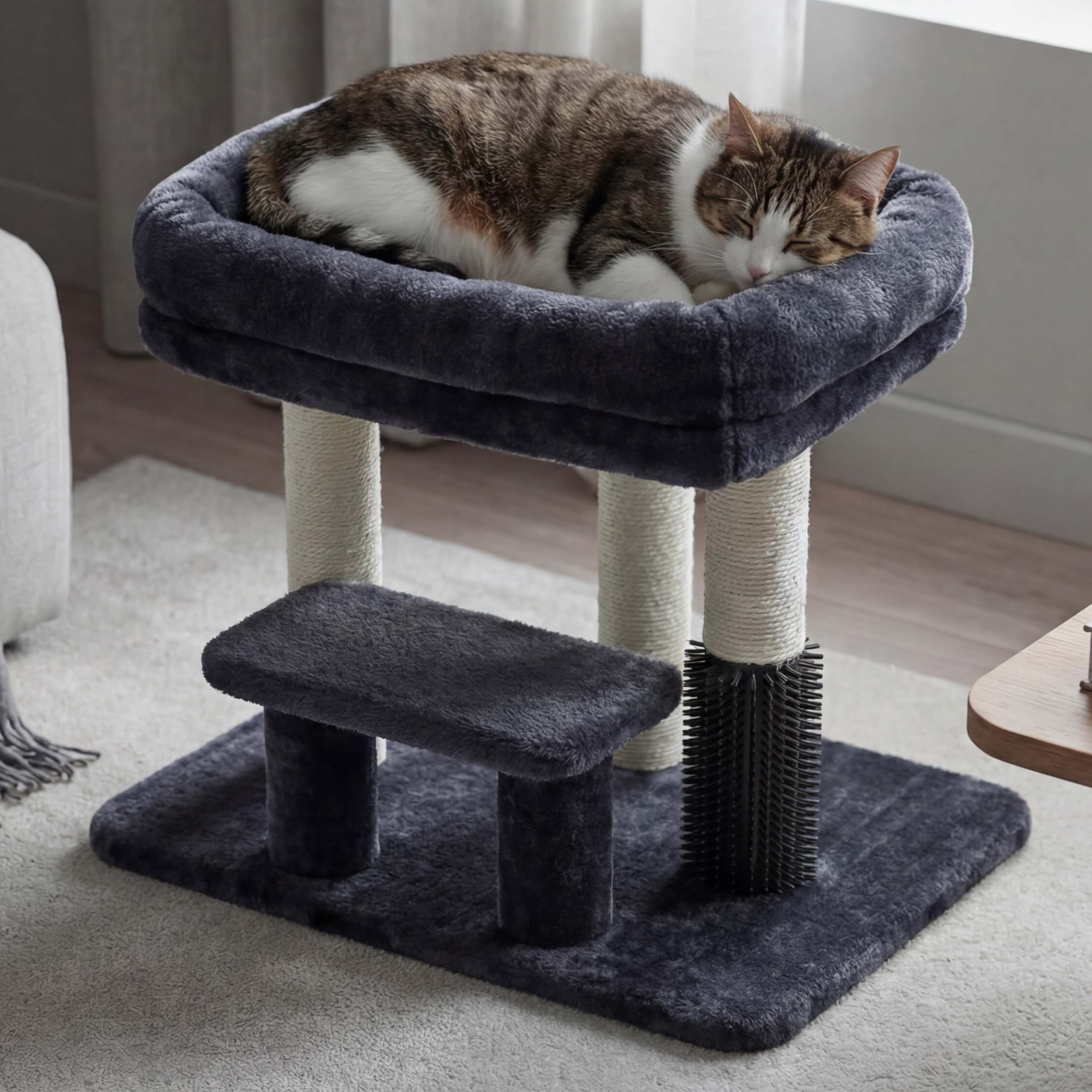 Heybly Cat Scratching Post, Small Cat Tree Tower with 3 Full Sisal Posts, Removable Plush Bed, Grooming Brush, Stable & Space-Saving Cat Furniture with Gentle Step for Indoor Cats, Smoky Gray HSP001SG