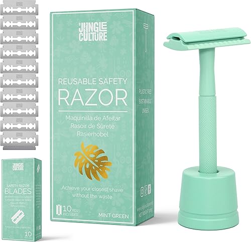 Jungle Culture Maquinilla de afeitar y soporte de seguridad con 10 cuchillas de doble filo  Maquinillas de afeitar de metal de una hoja para mujeres