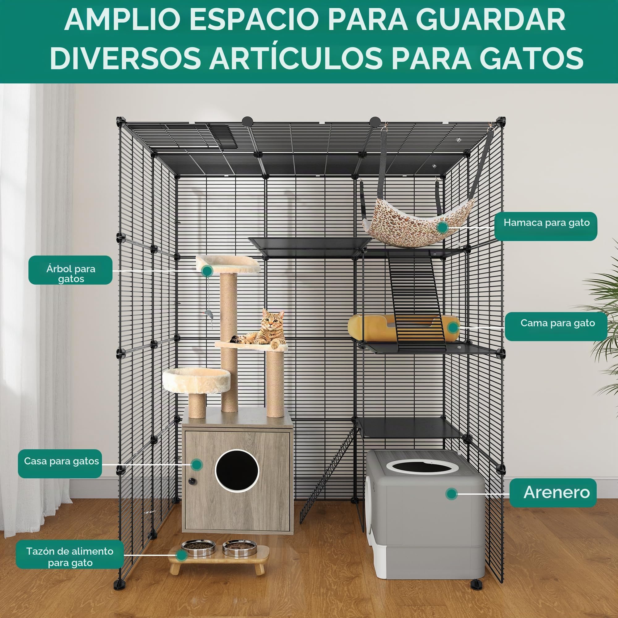 YITAHOME Jaula Grande para Gatos de 4 Niveles con Hamaca, 4 Puertas, 3 escaleras, para 1 a 3 Gatos, 104 x 72 x 140 cm
