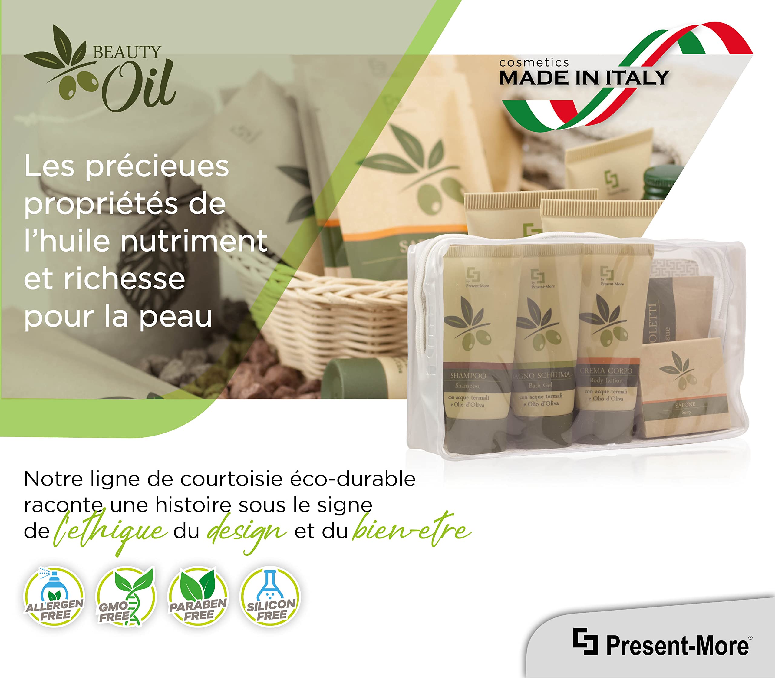 PRESENT-MORE - Kit Accueil 24 Invités Beauty Oil - Parfum Tahitian - Contenu: Shampooing, Gel Douche, Crème, Savon et Accessoires - Made in Italy - Pour Hôtels et B&B