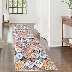 KILOCOCO 2x8 Runner Rug, Moroccan Super Soft Washable Hallway Entryway Runner Rug, Accent Print Faux Wool Kitchen Runner Rug 8 Feet Non-Slip Boho Rug Runners for Laundry Room Bedroom, Colorful
