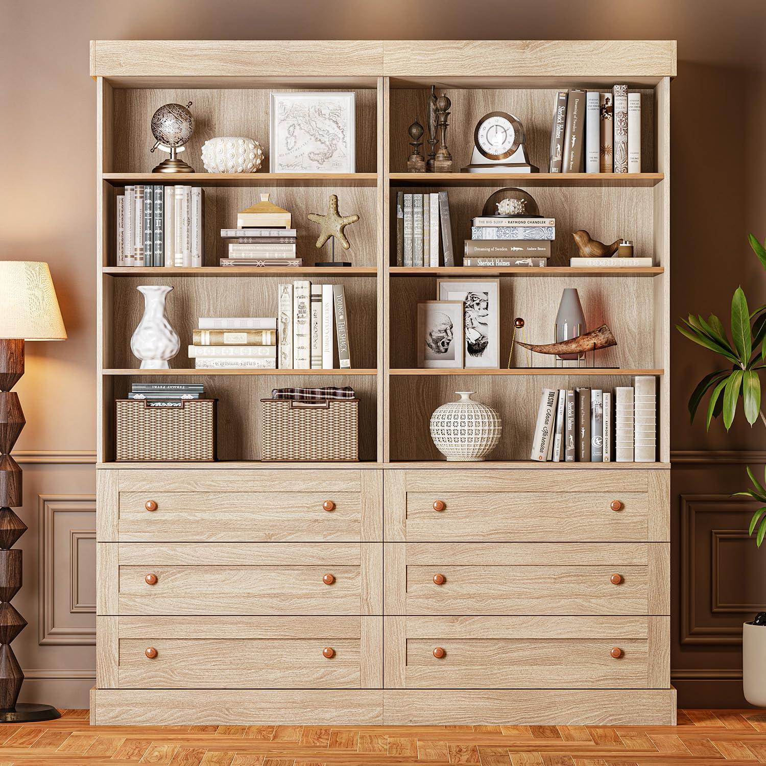 Vyre 71" Tall Farmhouse Kitchen Pantry, Set of 2 Large Storage Cabinets with 3 Drawers & Adjustable Shelves, Versatile Wood Hutch for Living Room &