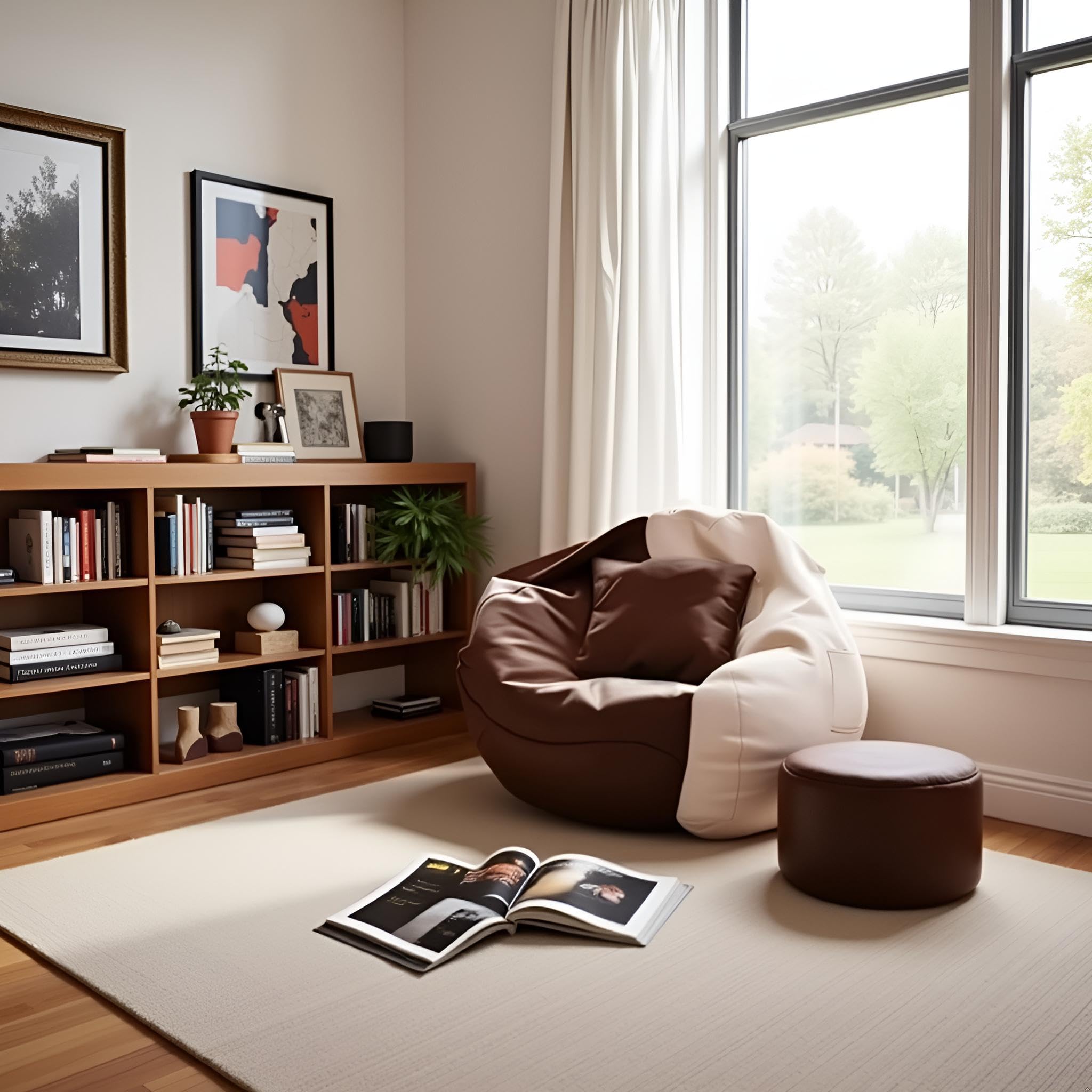 OHSTORE 4XL Bean Bag Cover Set in Faux Leather with Footrest & Cushion β No Filling, Ideal for Home, Office & Gaming Lounge, Cream & Brown (Only Cover) 2