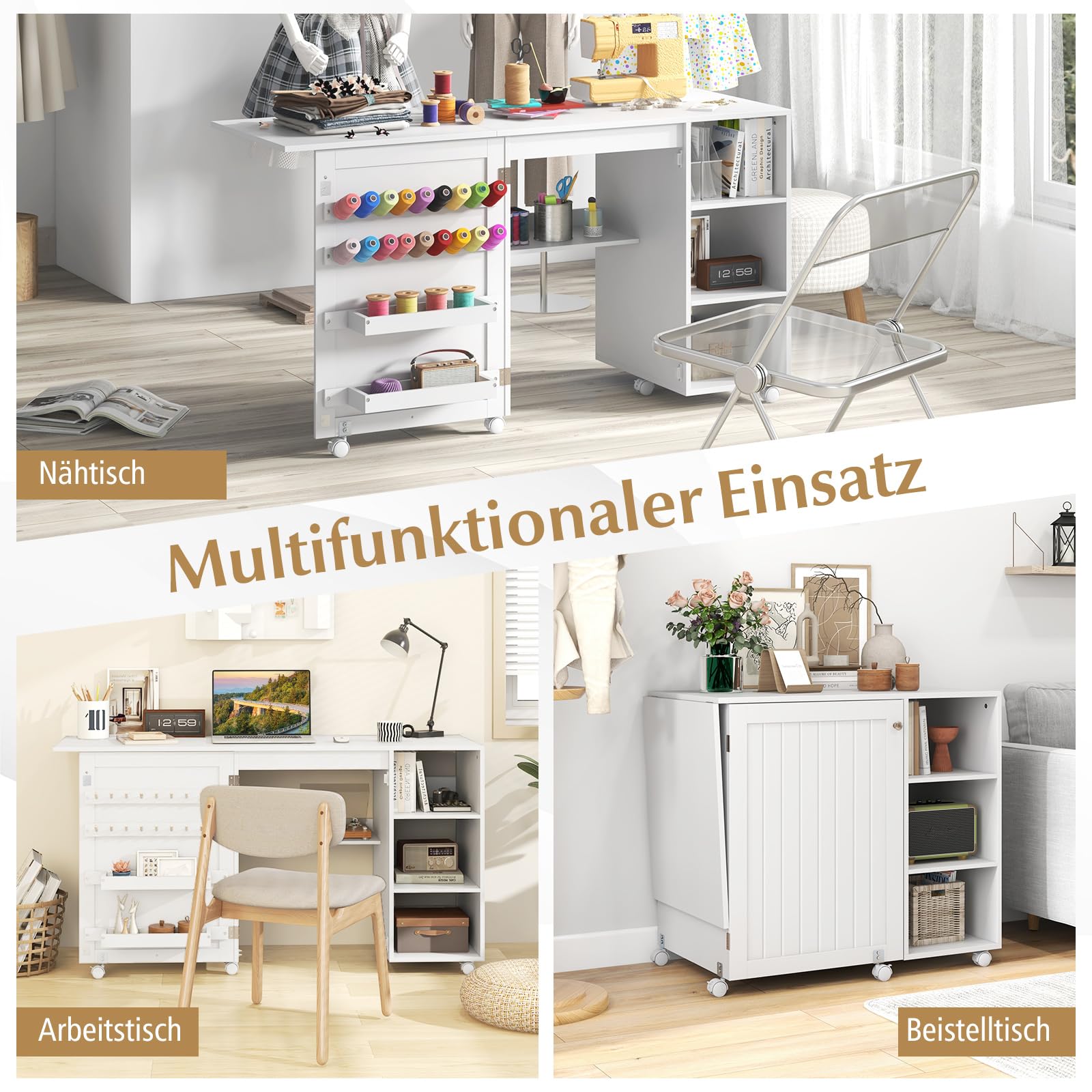 RELAX4LIFE Faltbarer Nähtisch, mehrzweck Nähmaschinenschrank mit Ablageflächen & 2 Behältern & 18 Klammern, tragbare Flexible Handwerksstation mit feststellbaren Rollen für Zuhause, Weiß