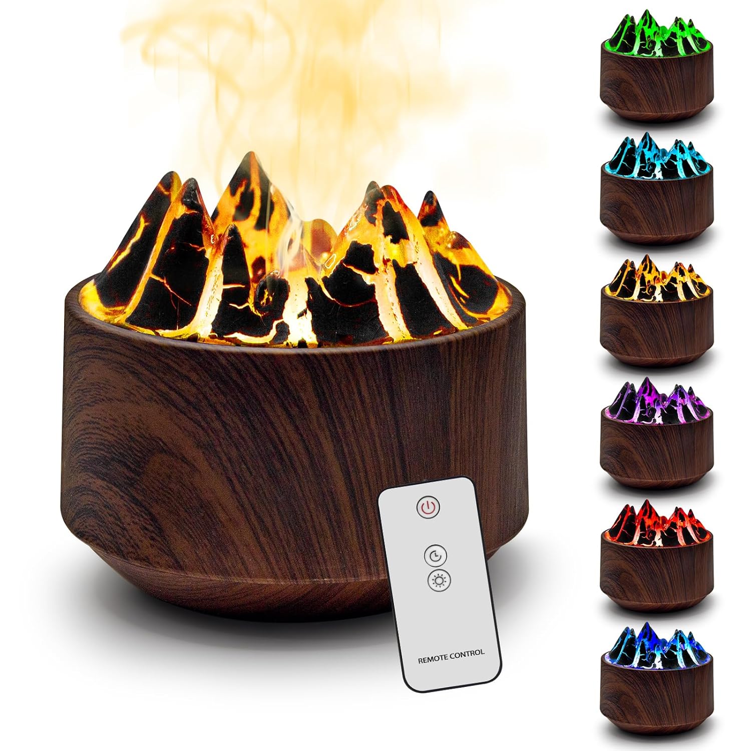 Difusor e Umidificador Volcano, Difusor de Óleos Essenciais Ultrassônico de 300ml com Efeito de Chama e Luz LED de 6 Cores, Umidificador de Névoa Fria com Desligamento Automático para Casa e Escritório