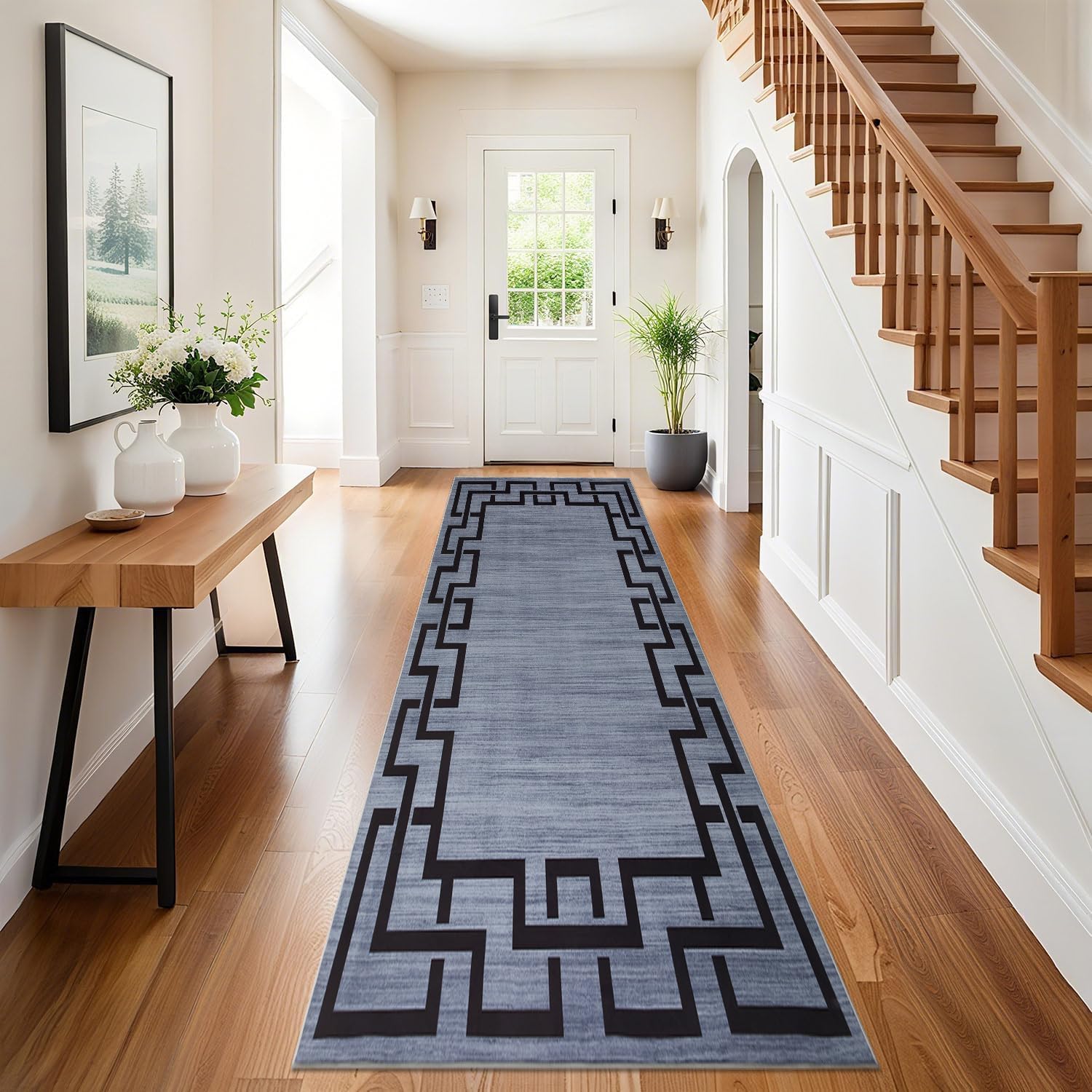 Hafaa Carpet Runners for Living room Grey Runner Rugs for Hallway Non-Slip long 80 x 300 cm – Greek Key Style Modern Low Pile Bedroom Carpet (Nico) — image 1