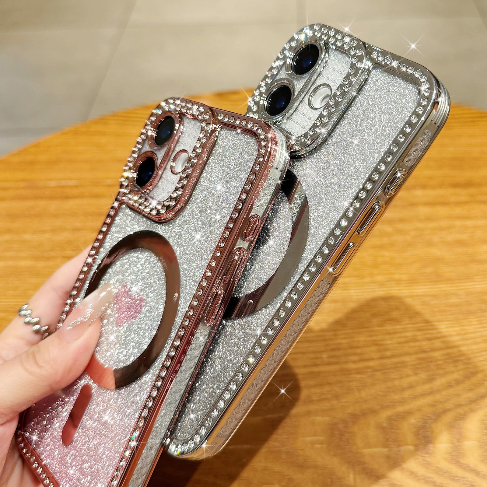 iPhone 17e - Apple Lafunfa iPhone 17e 用/iPhone 16e 用 ケース MagSafe対応 グリッターカード付き 光沢 ダイヤモンド 透明 マグネットカバー 女の子 かわいい キラキラ ハート柄 グラデーション スリム 落下防止 衝撃吸