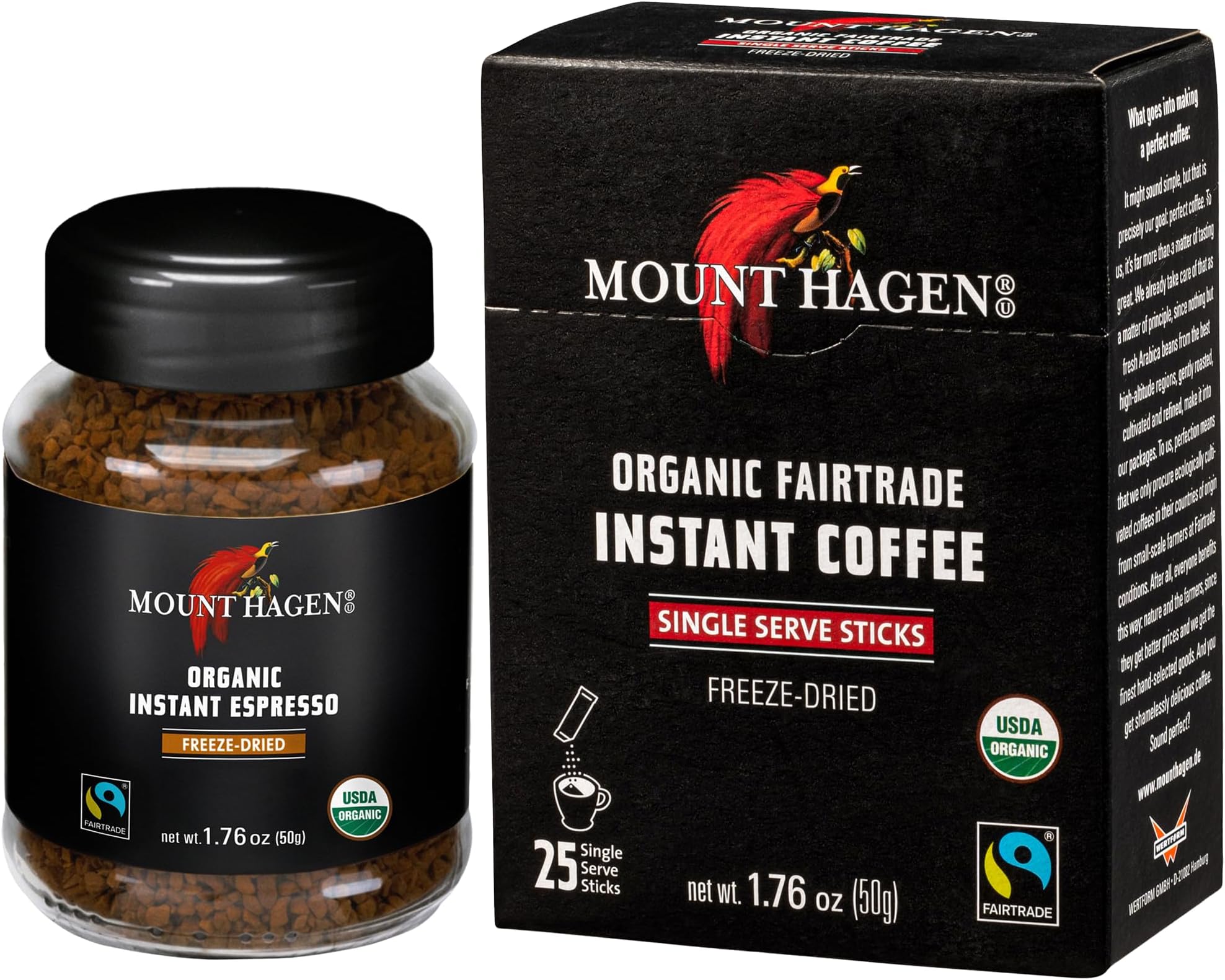 25 Count Single Serve Instant Coffee Packets and Mount Hagen Instant Espresso Ground Coffee 1.76oz Bundle