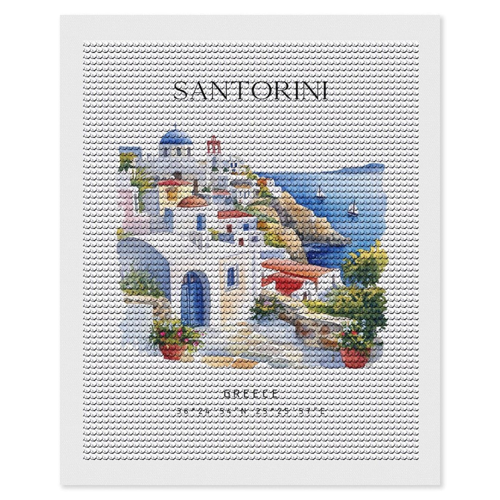 Junmoney Santorini Greece Travel(4) DIY Diamond Art Canvas Kit 16"x20", for Teens, Finish and Display, Holiday Gift Idea, Vintage Style Decor