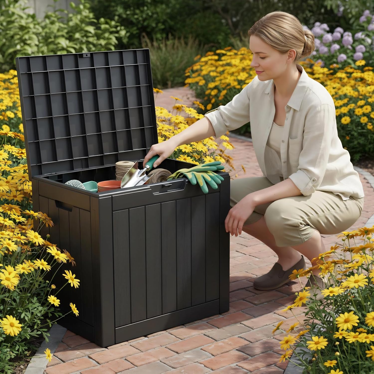 31 Gallon Outdoor Deck Box - Waterproof Lockable Resin Container, Weatherproof UV Resistant Organizer for Patio Garden Yard Poolside, Black