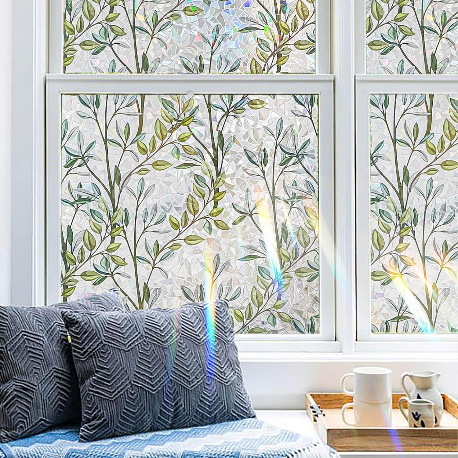 ADD.HERES Window Privacy Film, Stained Glass Decorative Static Cling, Removable Laser Sun Blocking Vinyl Covering, Window Film for Home Kitchen Living Room, Green Vineman, 29.5" x 78.7"